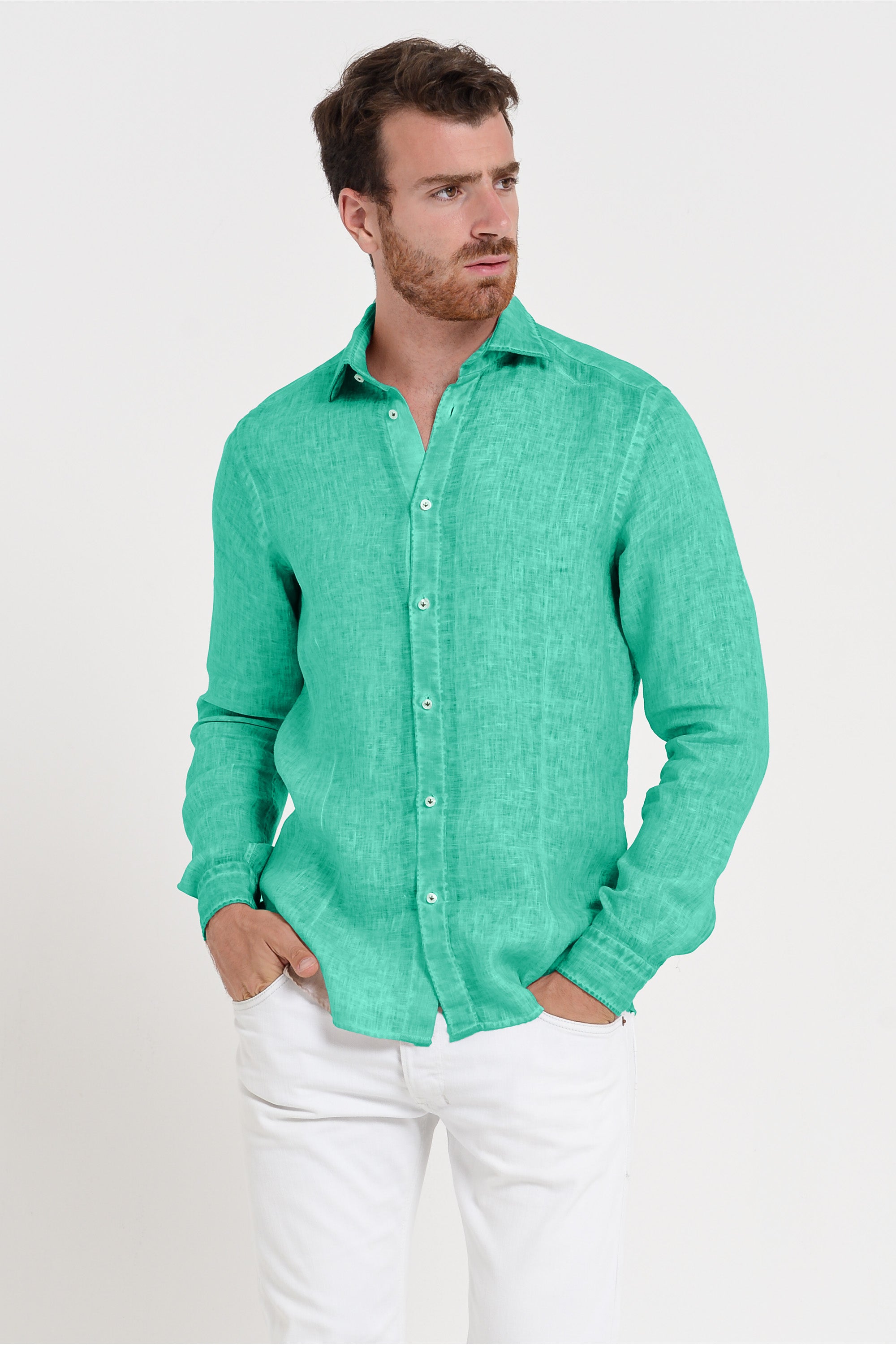 Slim Fit Spread Collar Linen Shirt - Jungle