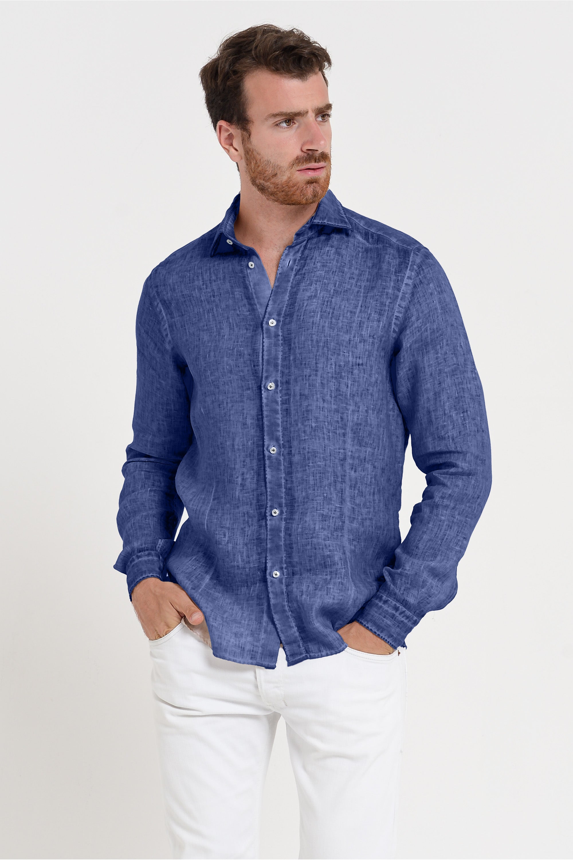 Slim Fit Spread Collar Linen Shirt - Whale