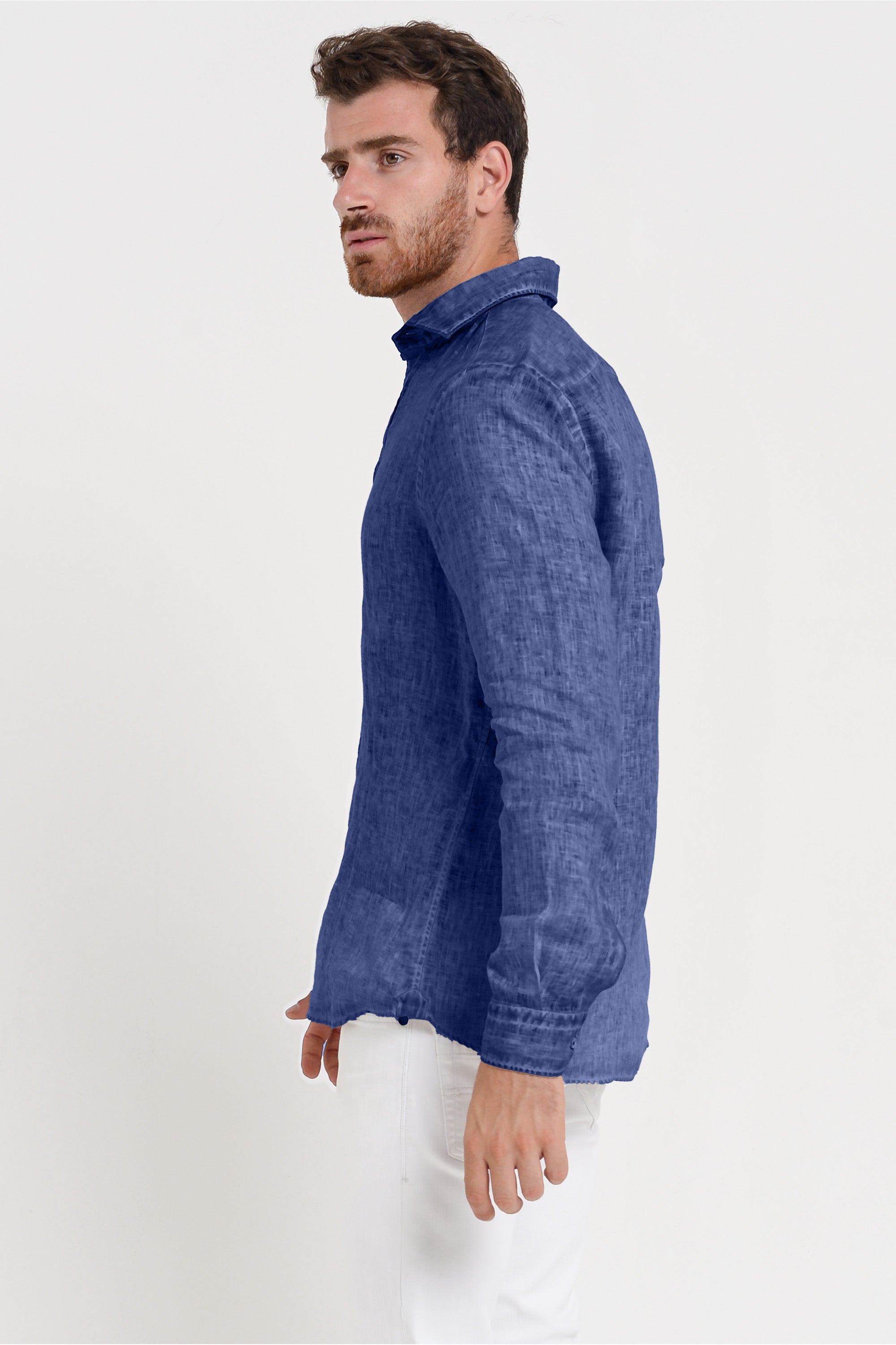 Slim Fit Spread Collar Linen Shirt - Whale