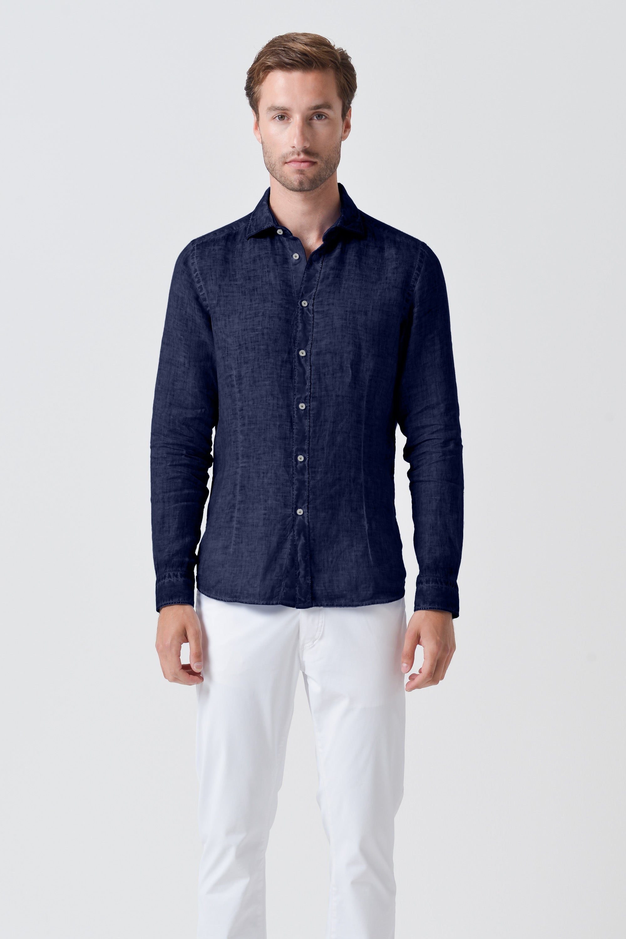 Slim Fit Linen Shirt - Navy