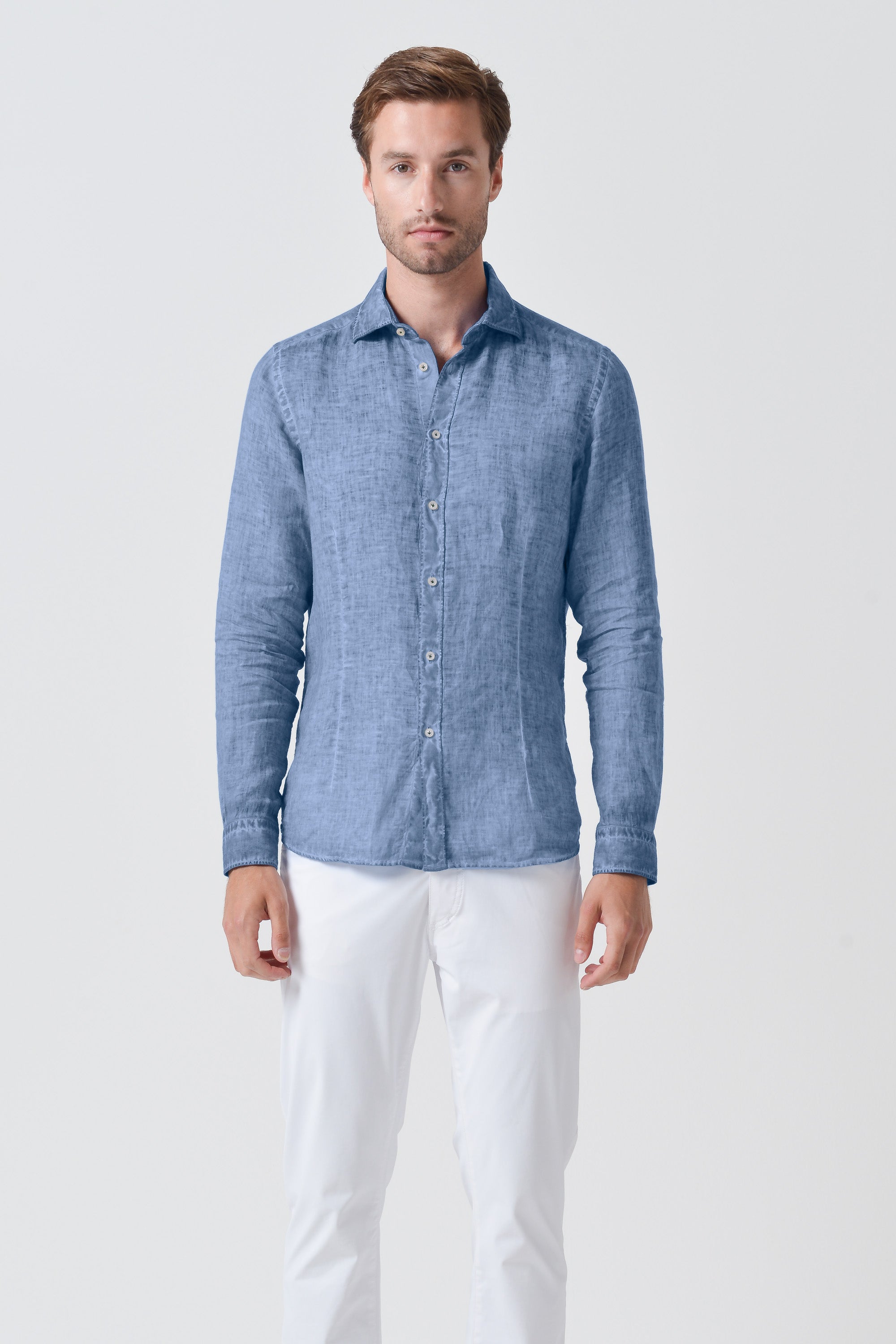 Slim Fit Spread Collar Linen Shirt - Polar