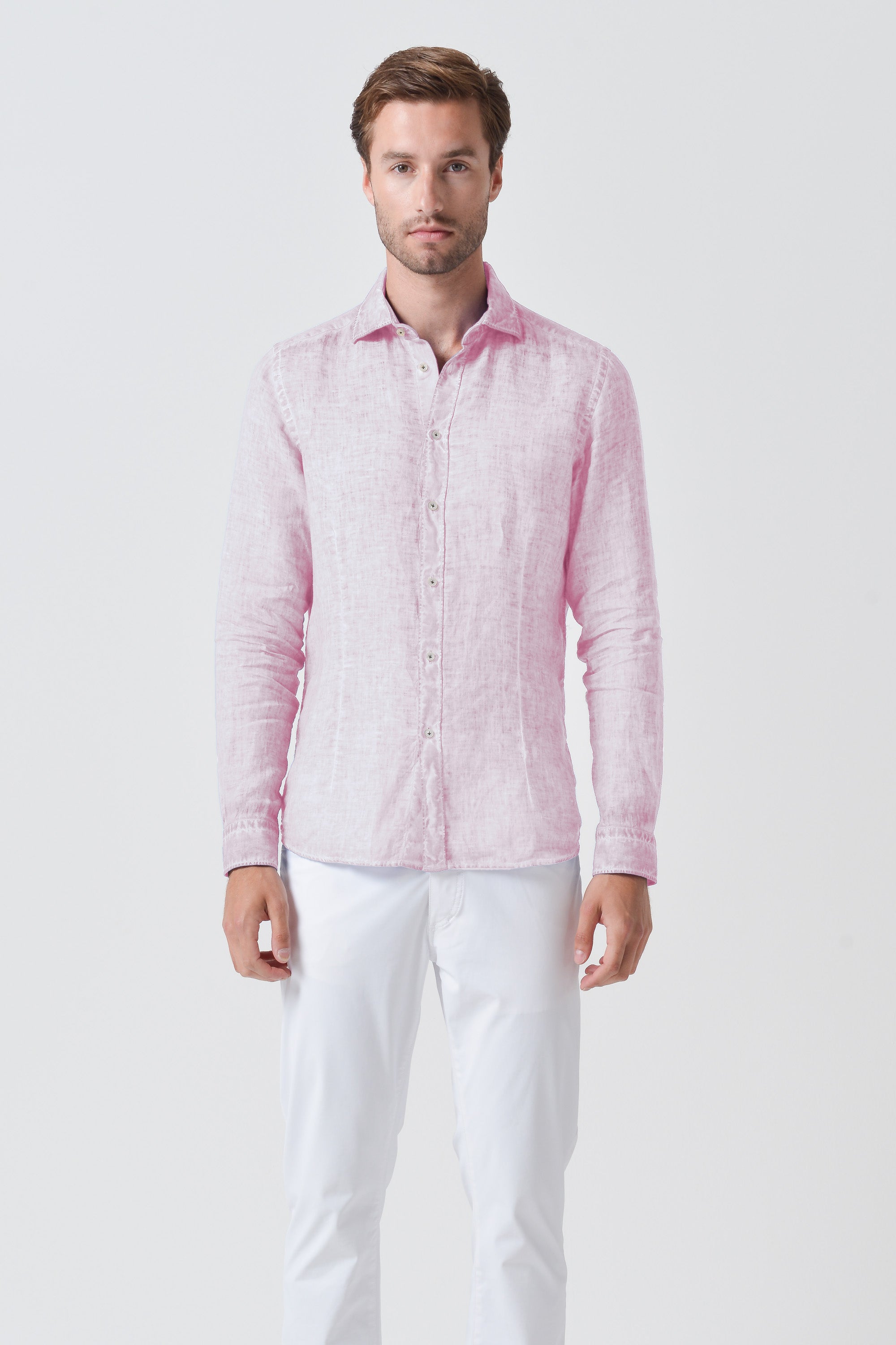 Slim Fit Spread Collar Linen Shirt - Rose