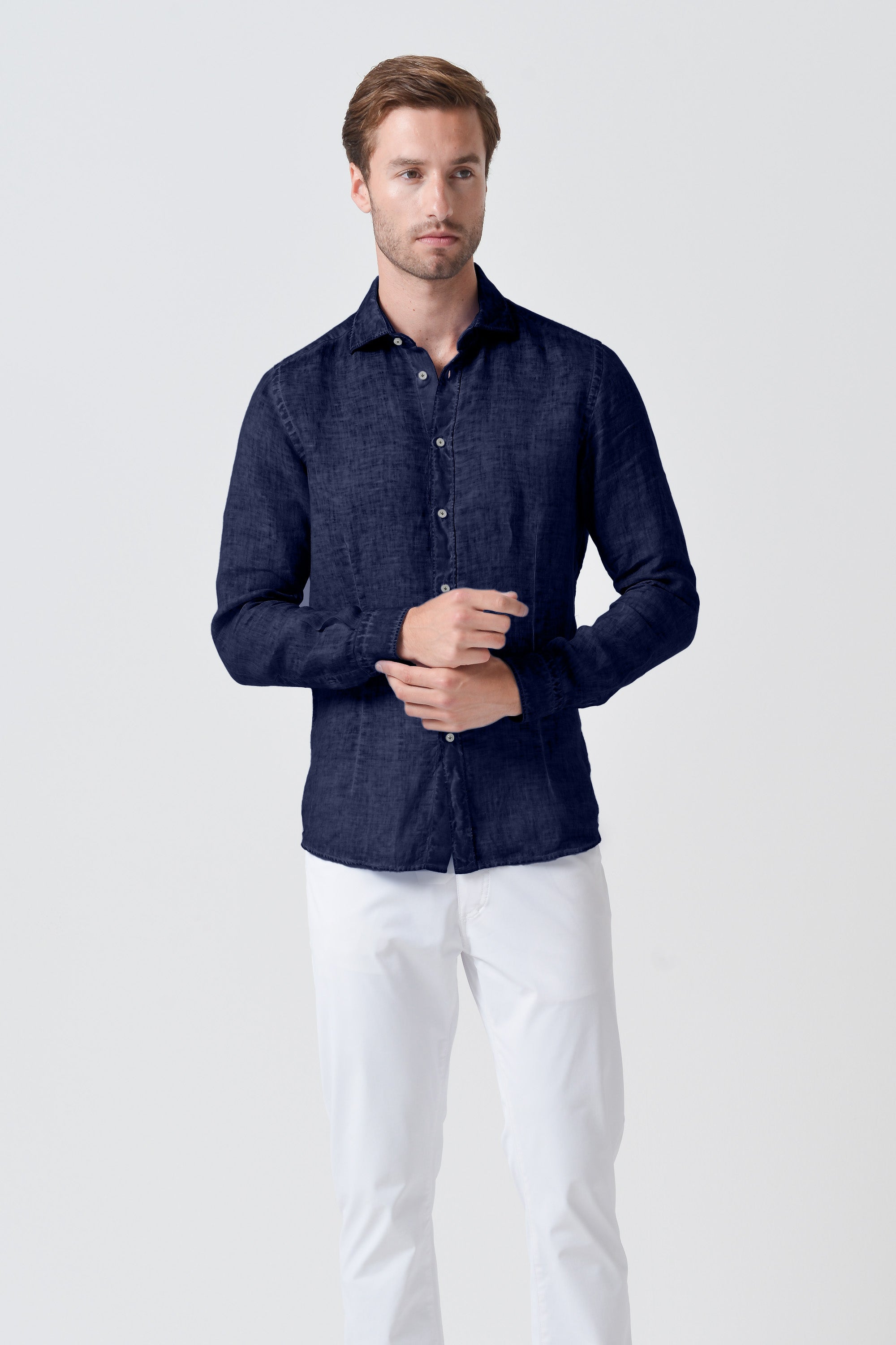 Slim Fit Linen Shirt - Navy