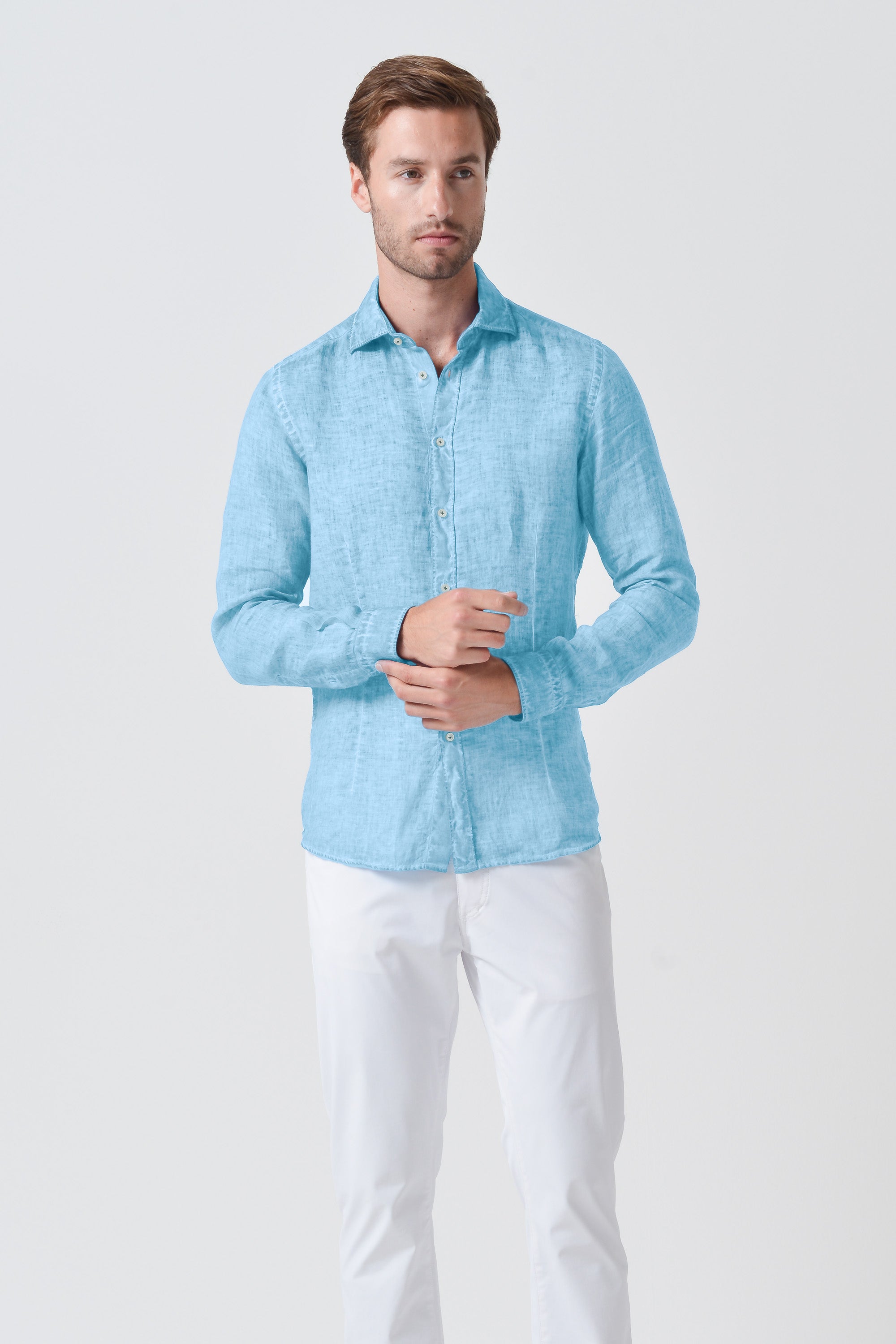 Slim Fit Spread Collar Linen Shirt - Viking