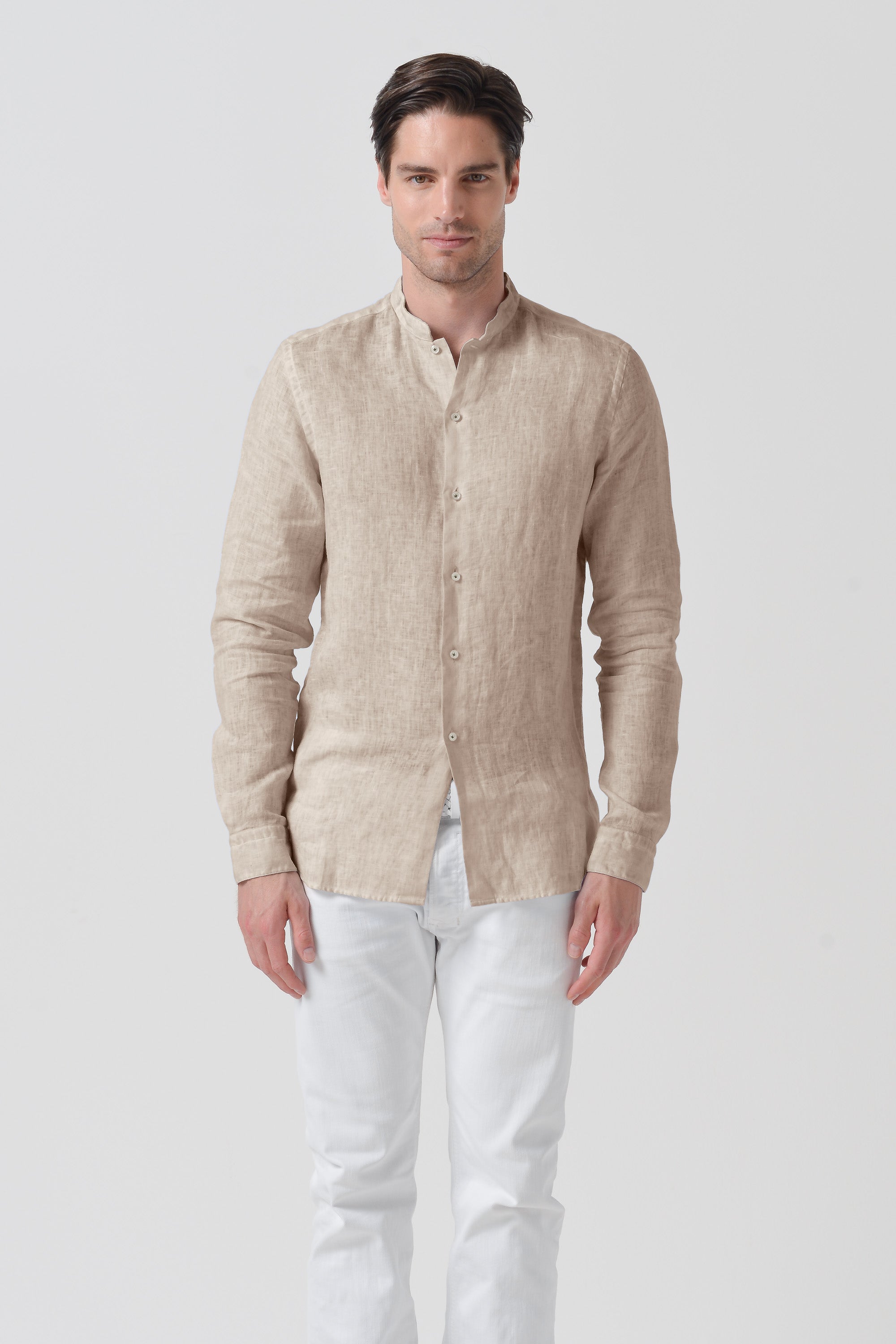 Banded Collar Linen Shirt - Harbor