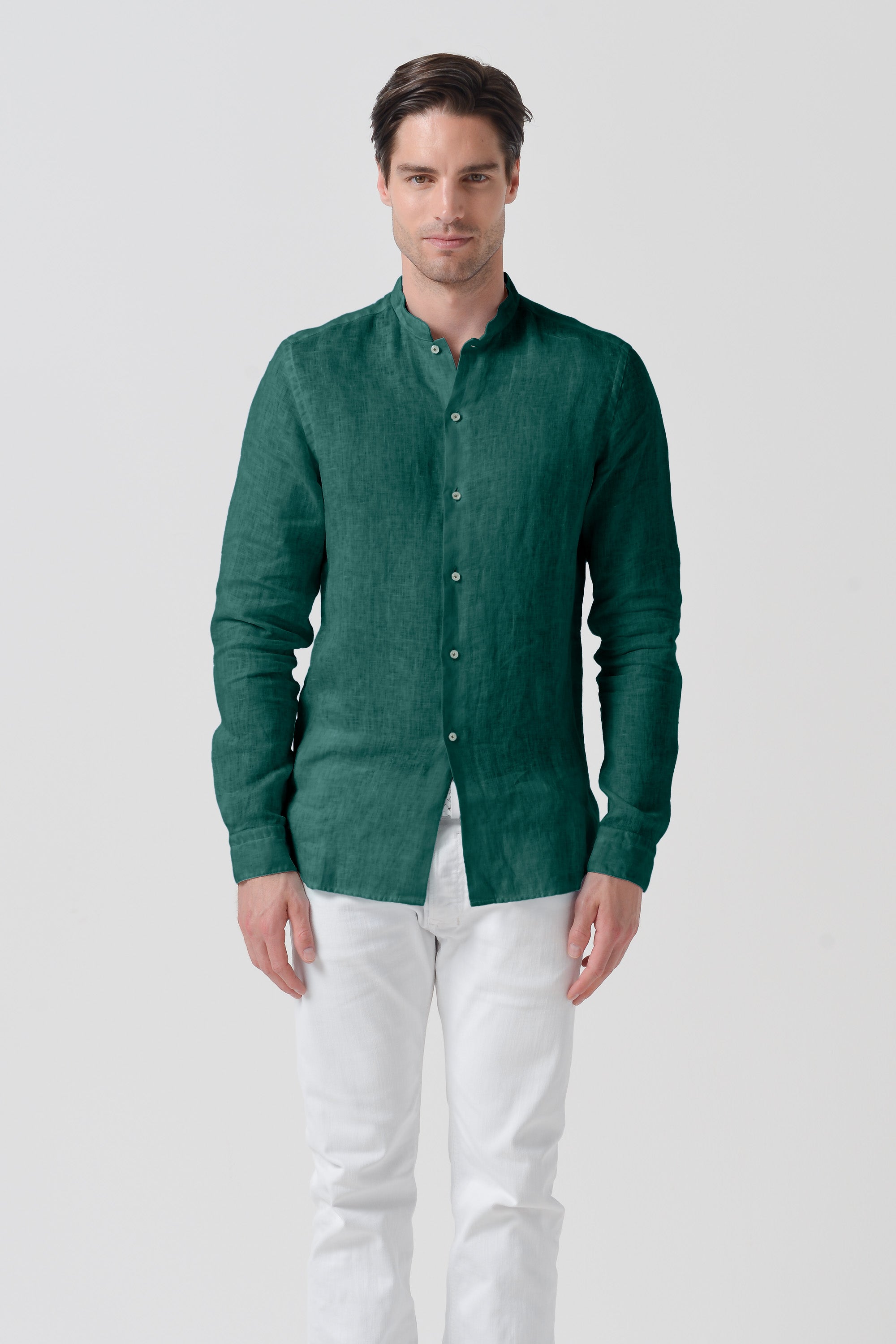 Banded Collar Linen Shirt - Lagoon