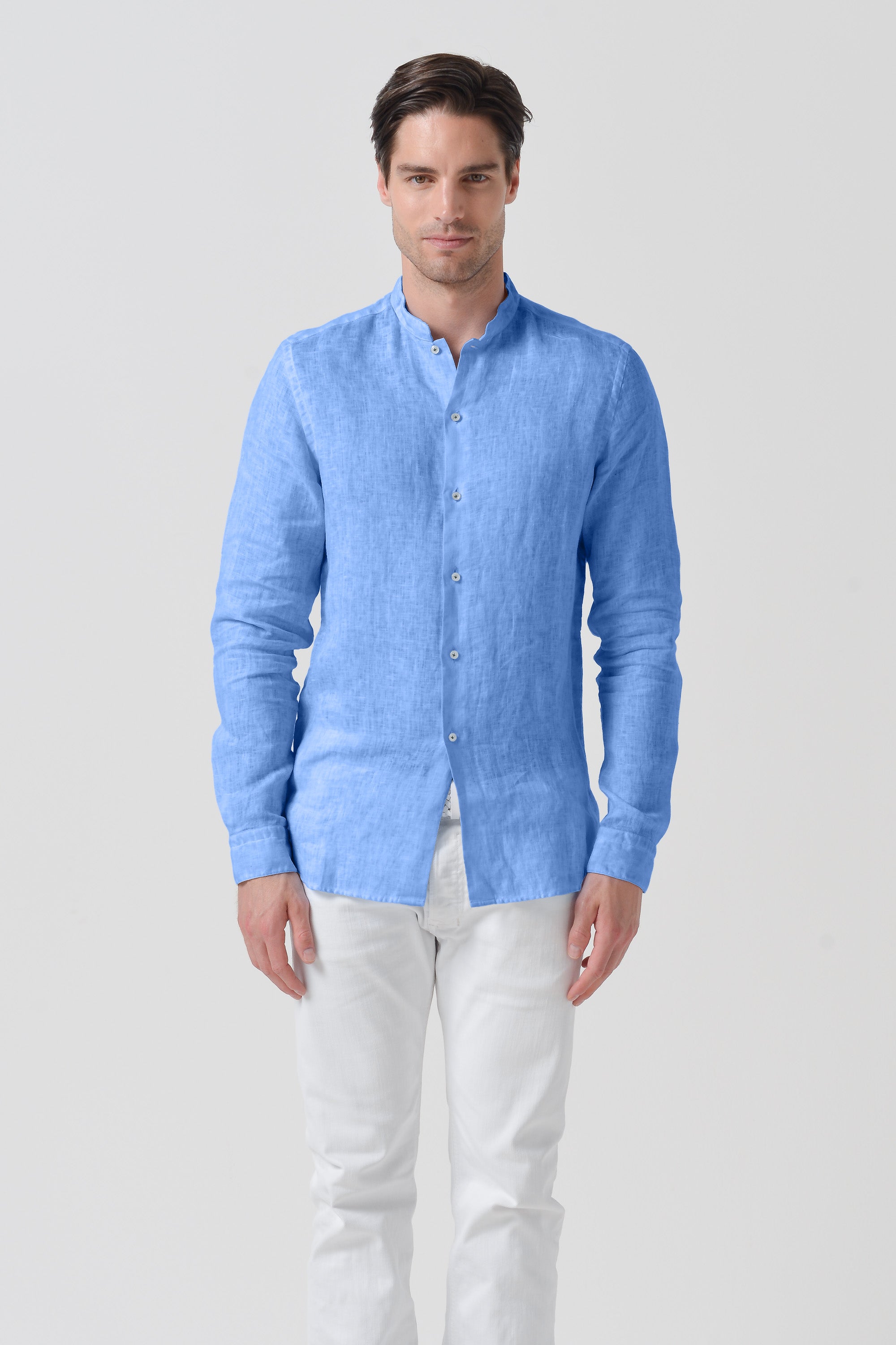 Banded Collar Linen Shirt - Santorini