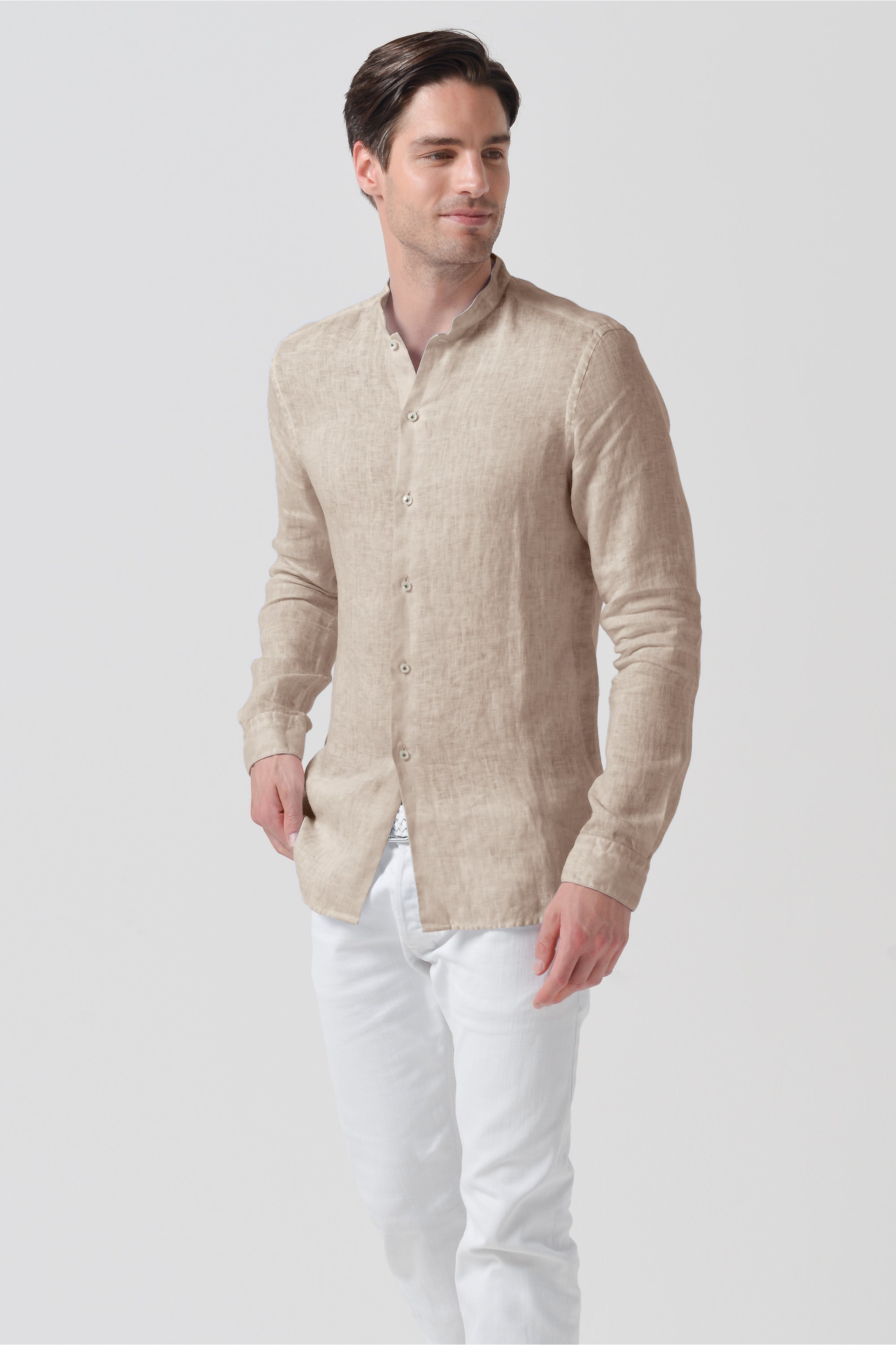 Banded Collar Linen Shirt - Harbor