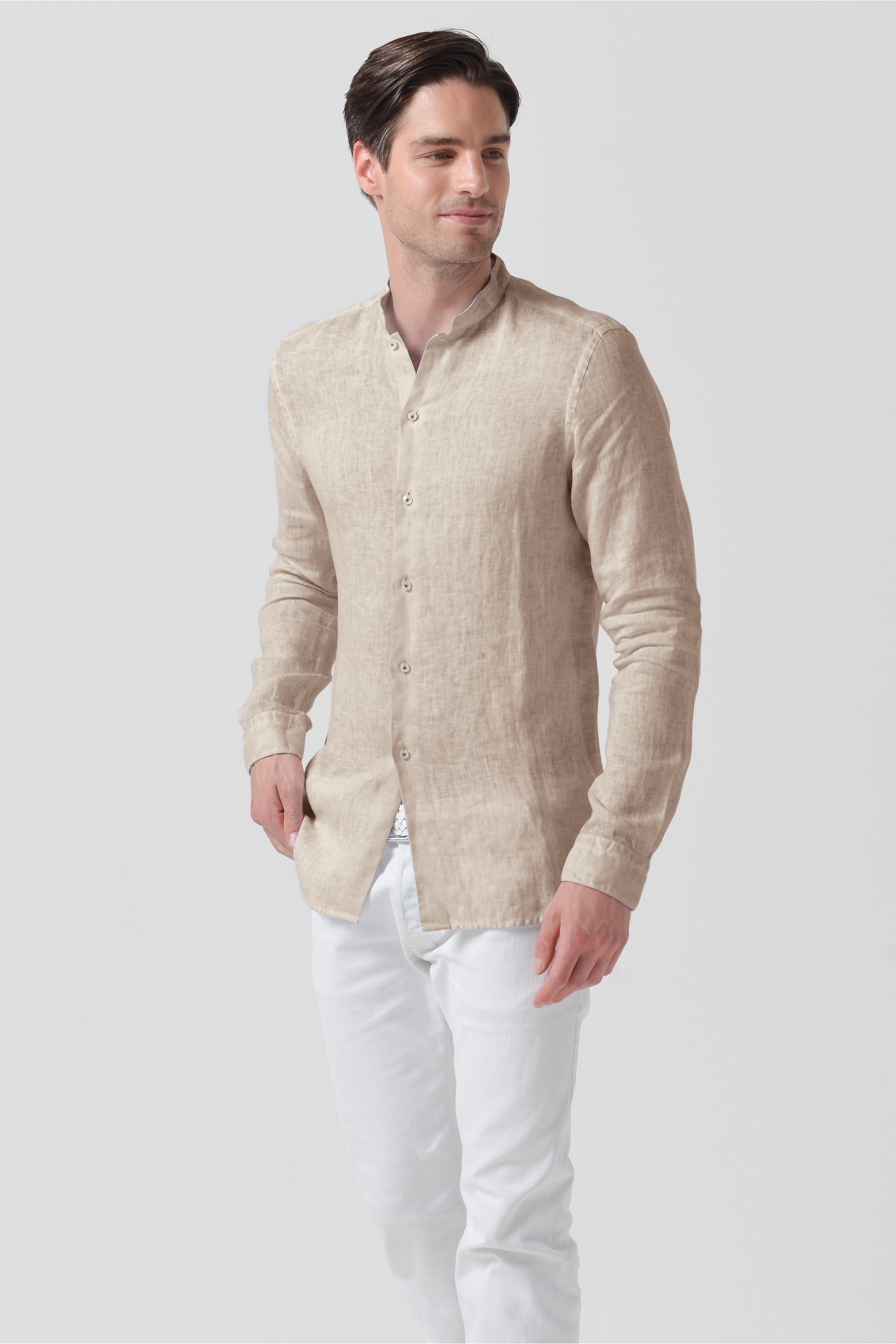 Banded Collar Linen Shirt - Harbor
