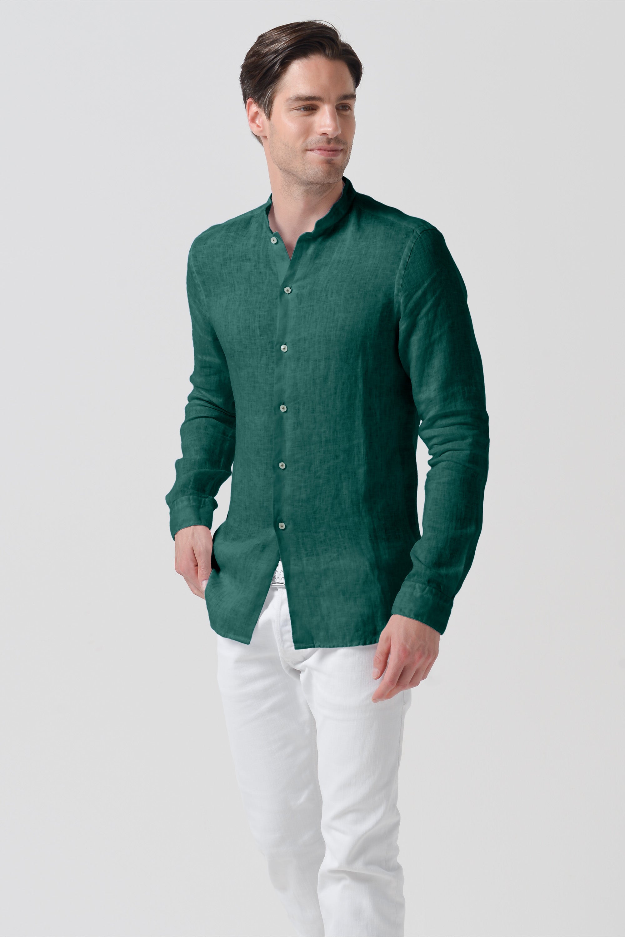 Banded Collar Linen Shirt - Lagoon