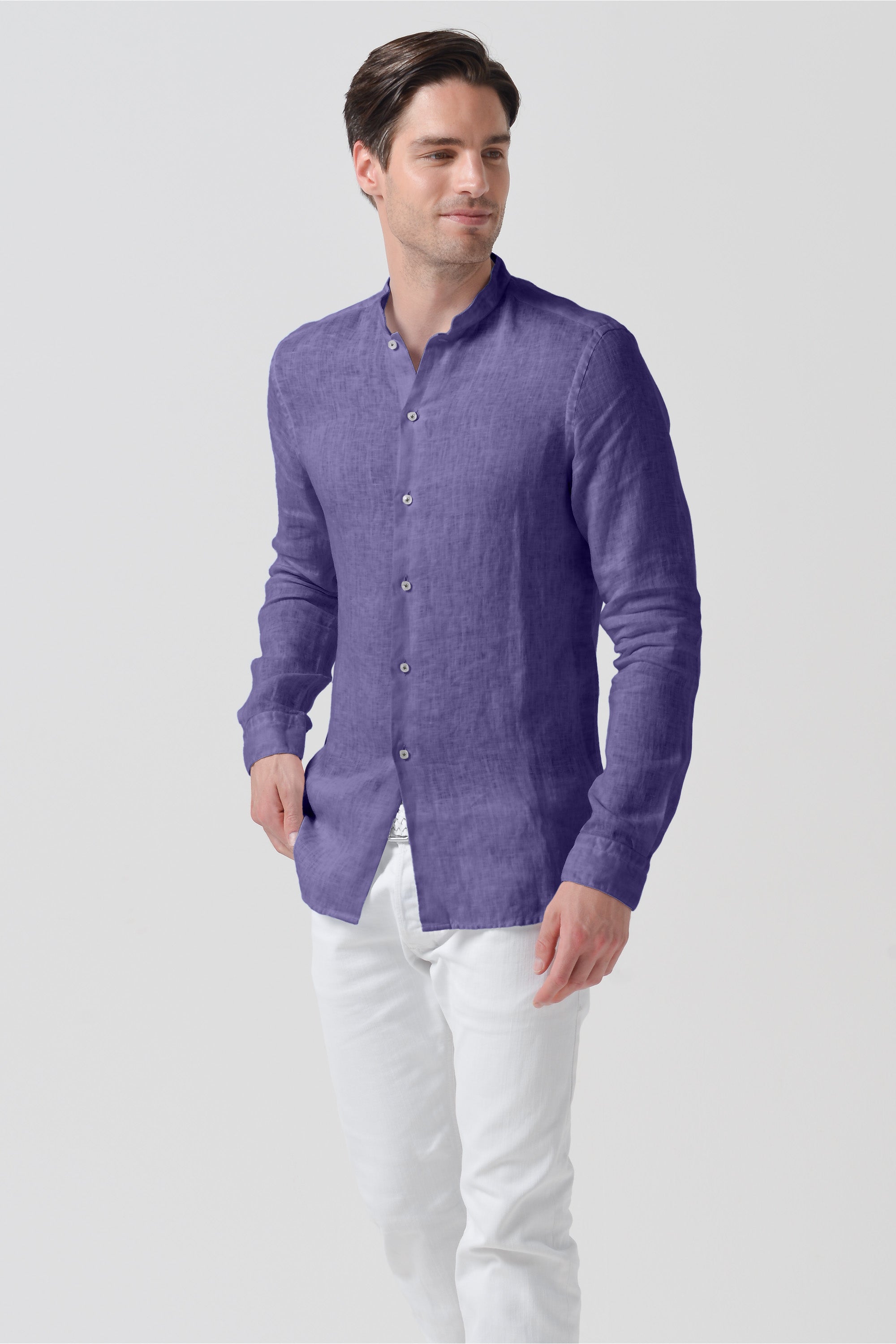 Camicia Lino Collo Coreana - Mirtillo