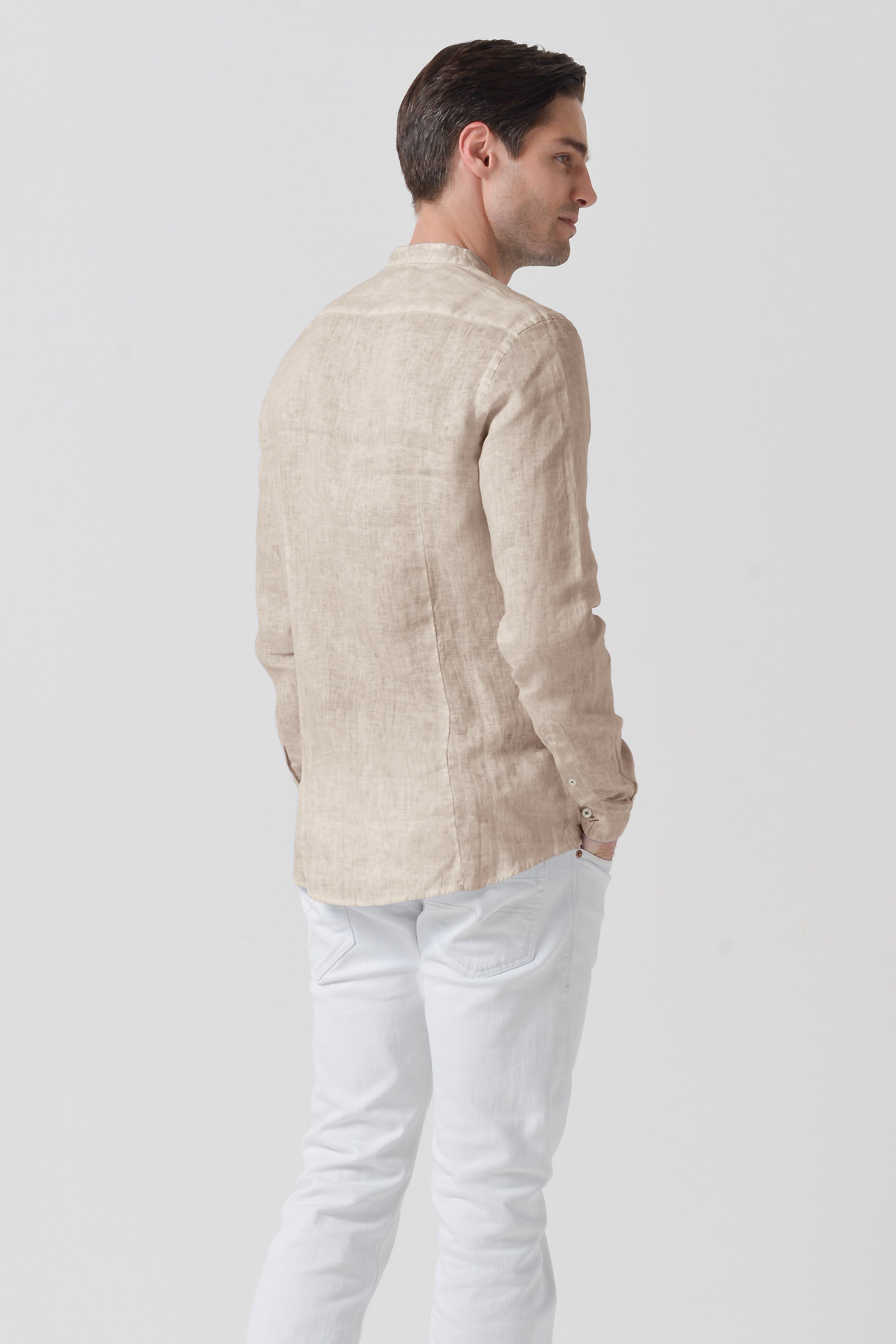 Banded Collar Linen Shirt - Harbor