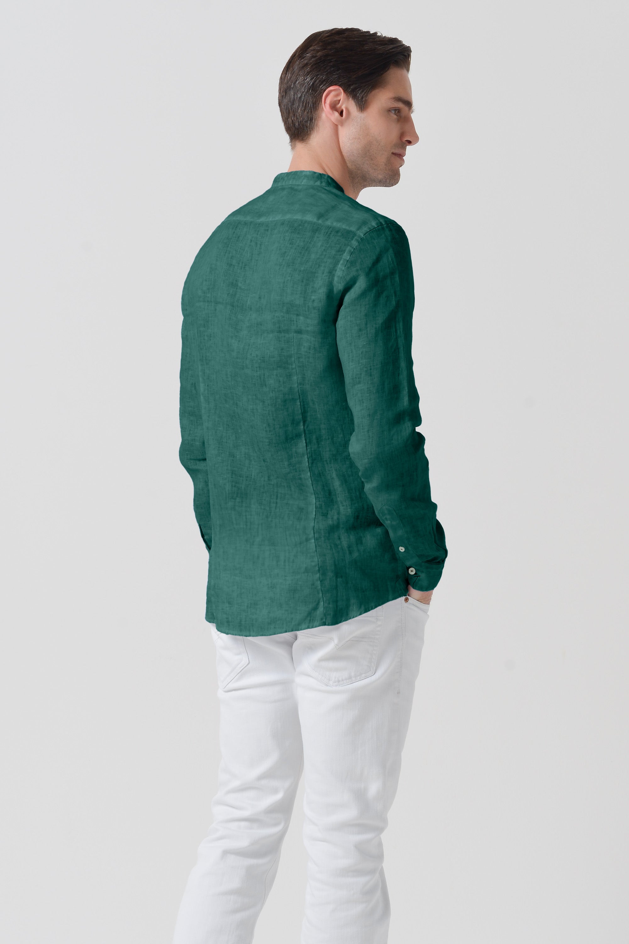 Banded Collar Linen Shirt - Lagoon