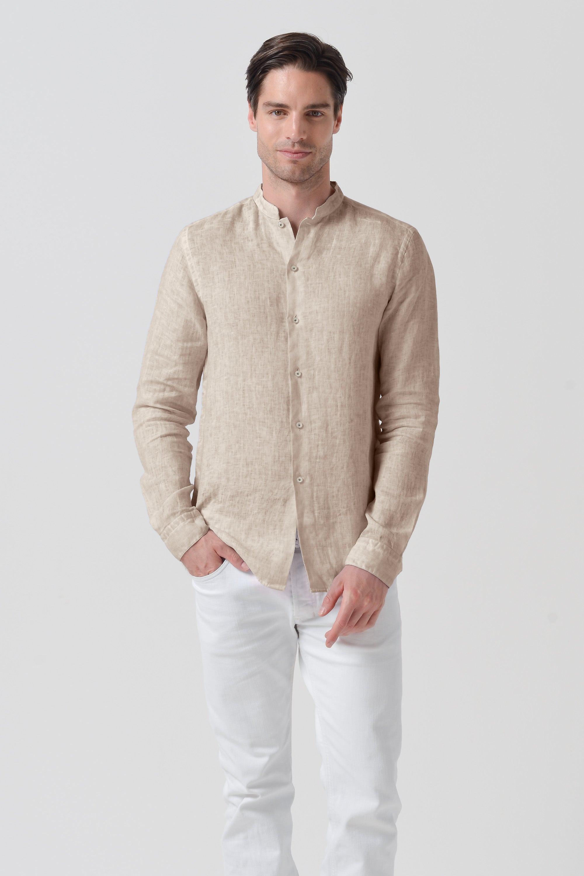 Banded Collar Linen Shirt - Harbor