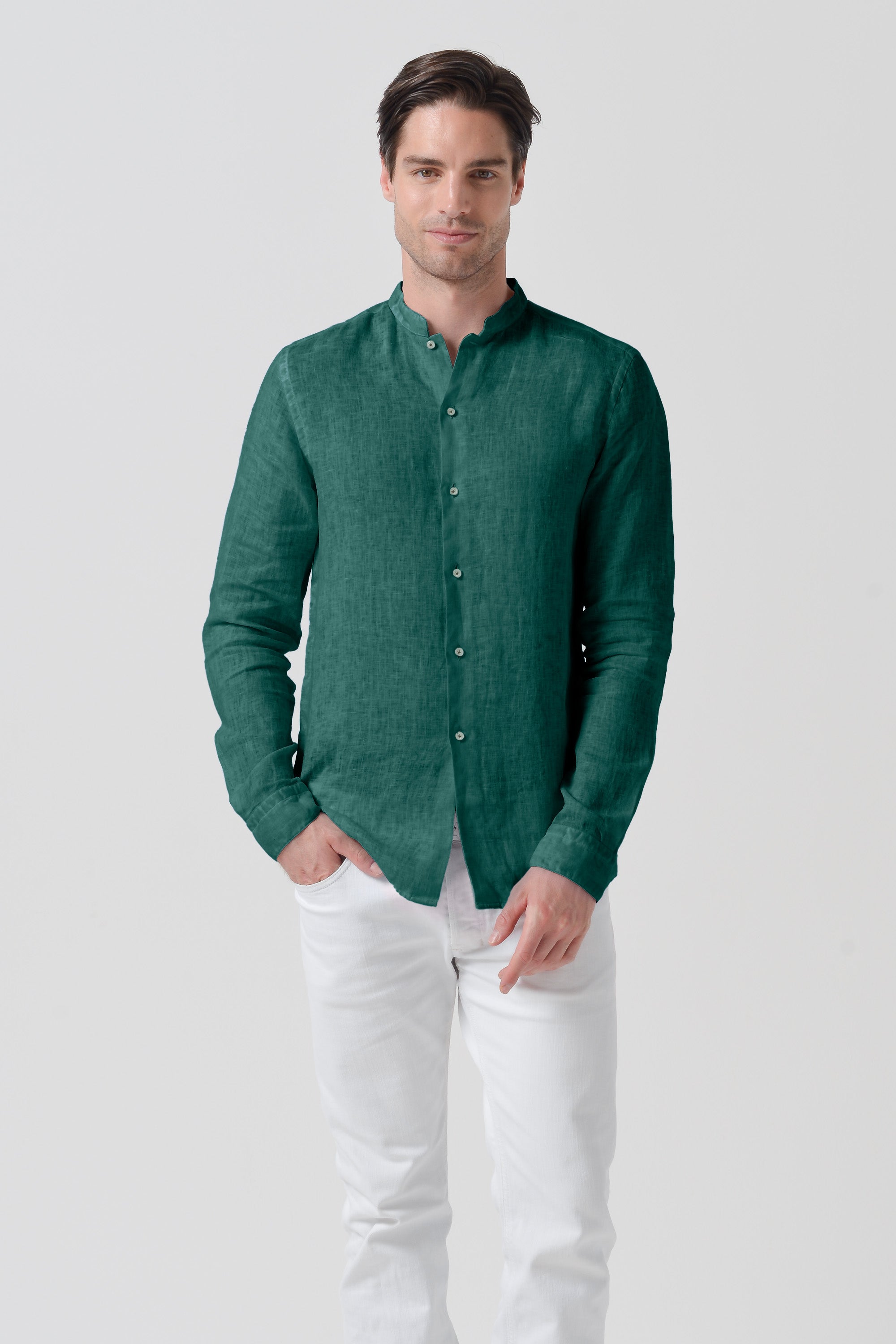 Banded Collar Linen Shirt - Lagoon