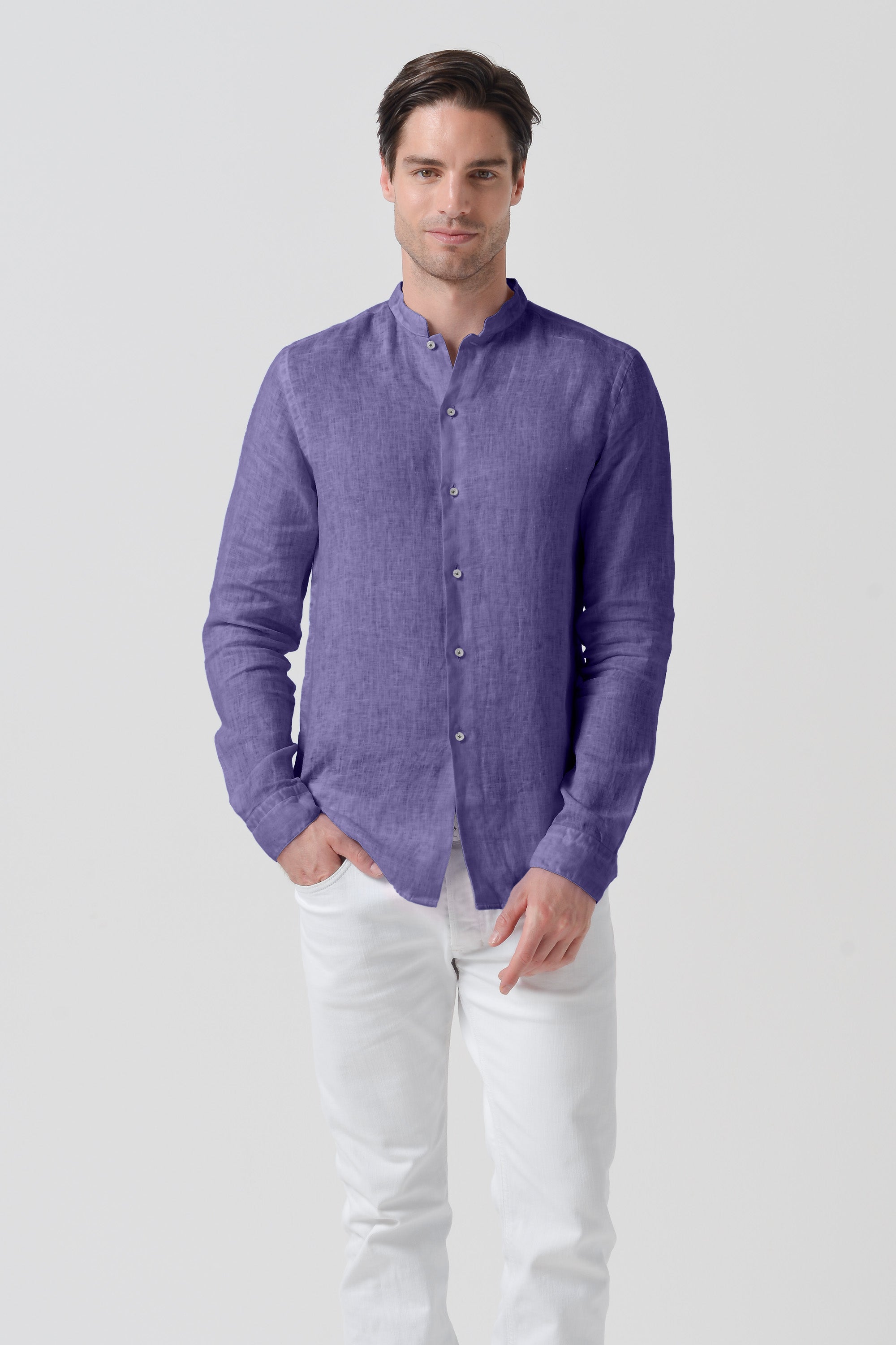 Camicia Lino Collo Coreana - Mirtillo