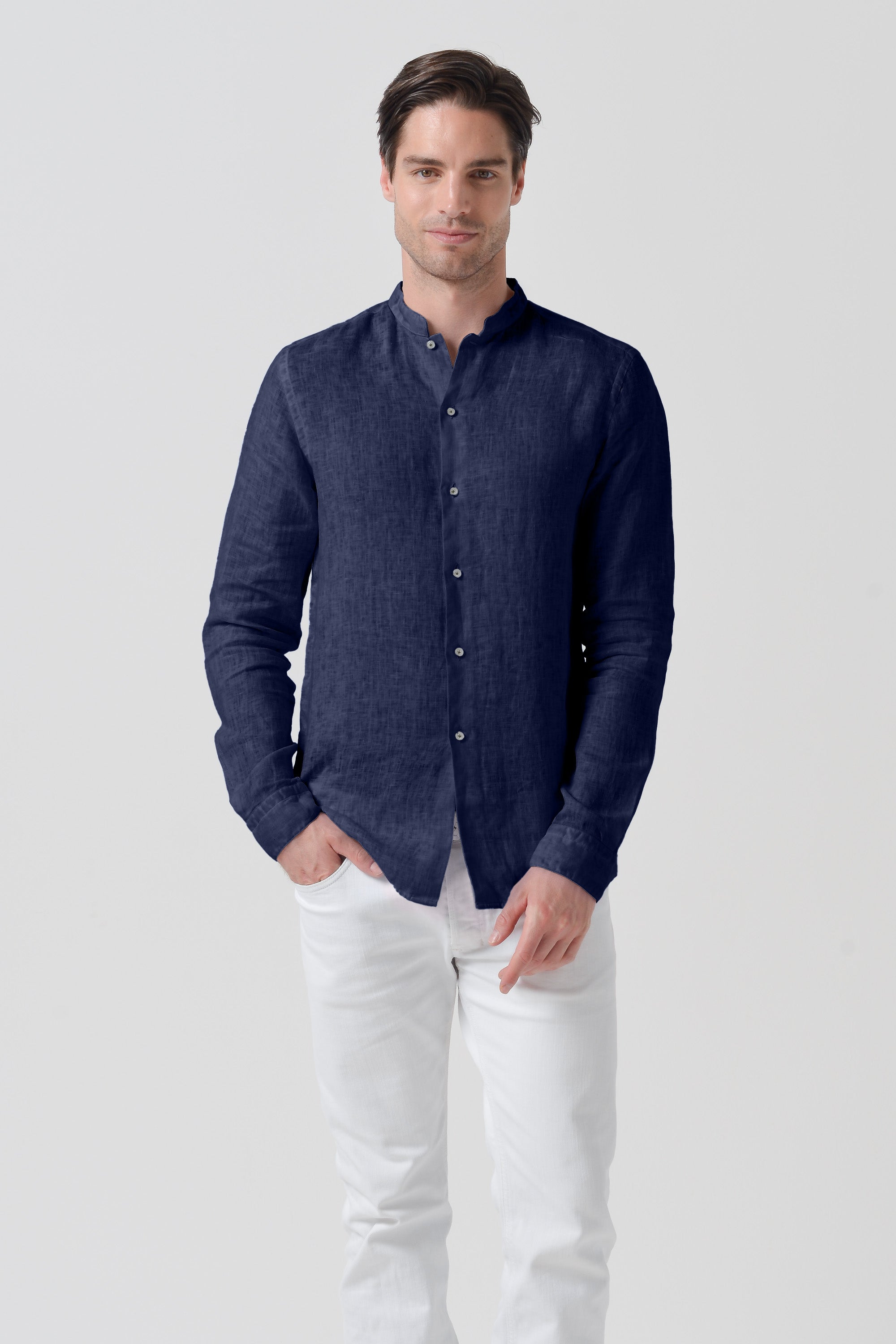 Camicia Lino Collo Coreana - Navy