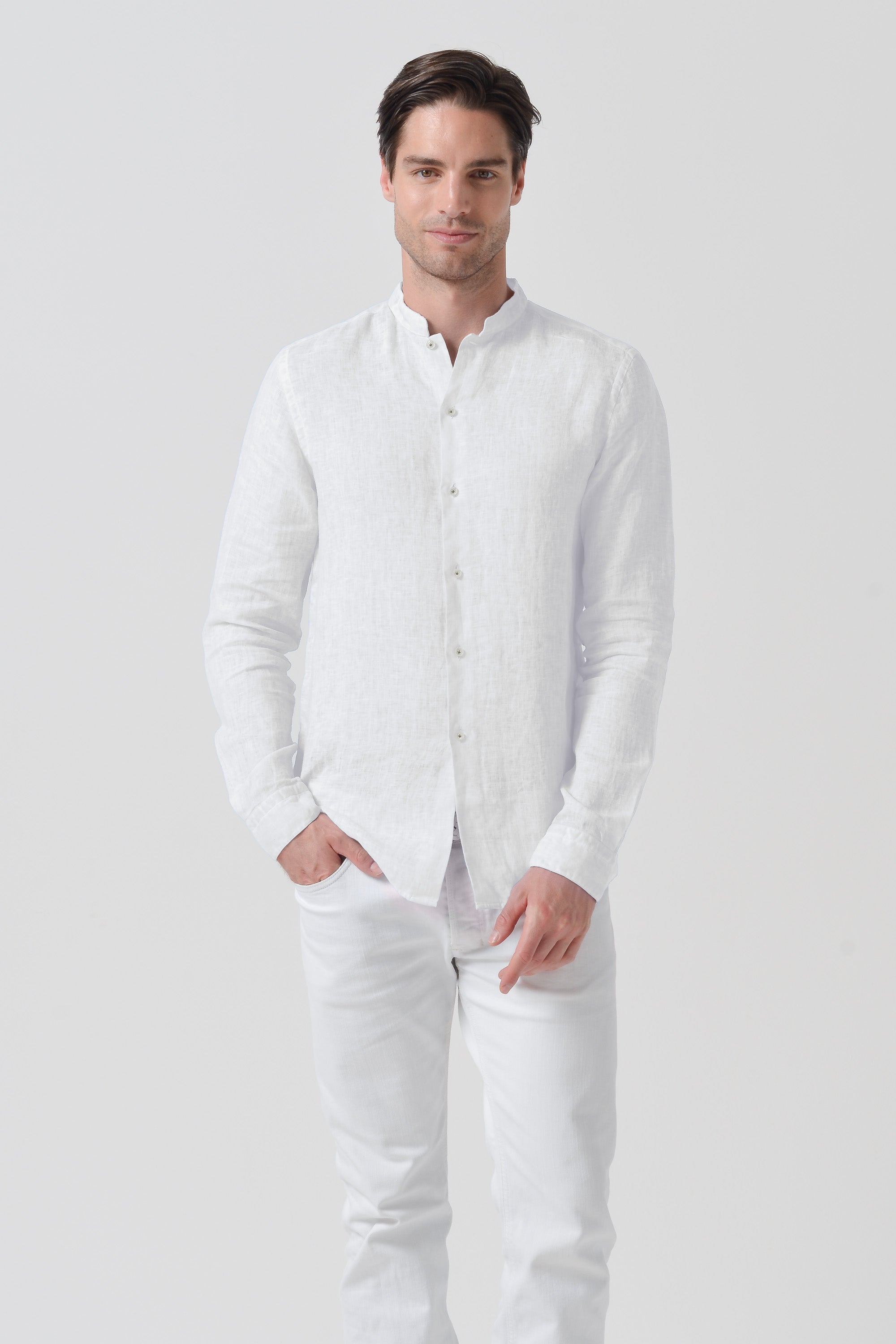 Camicia Lino Collo Coreana - Bianco