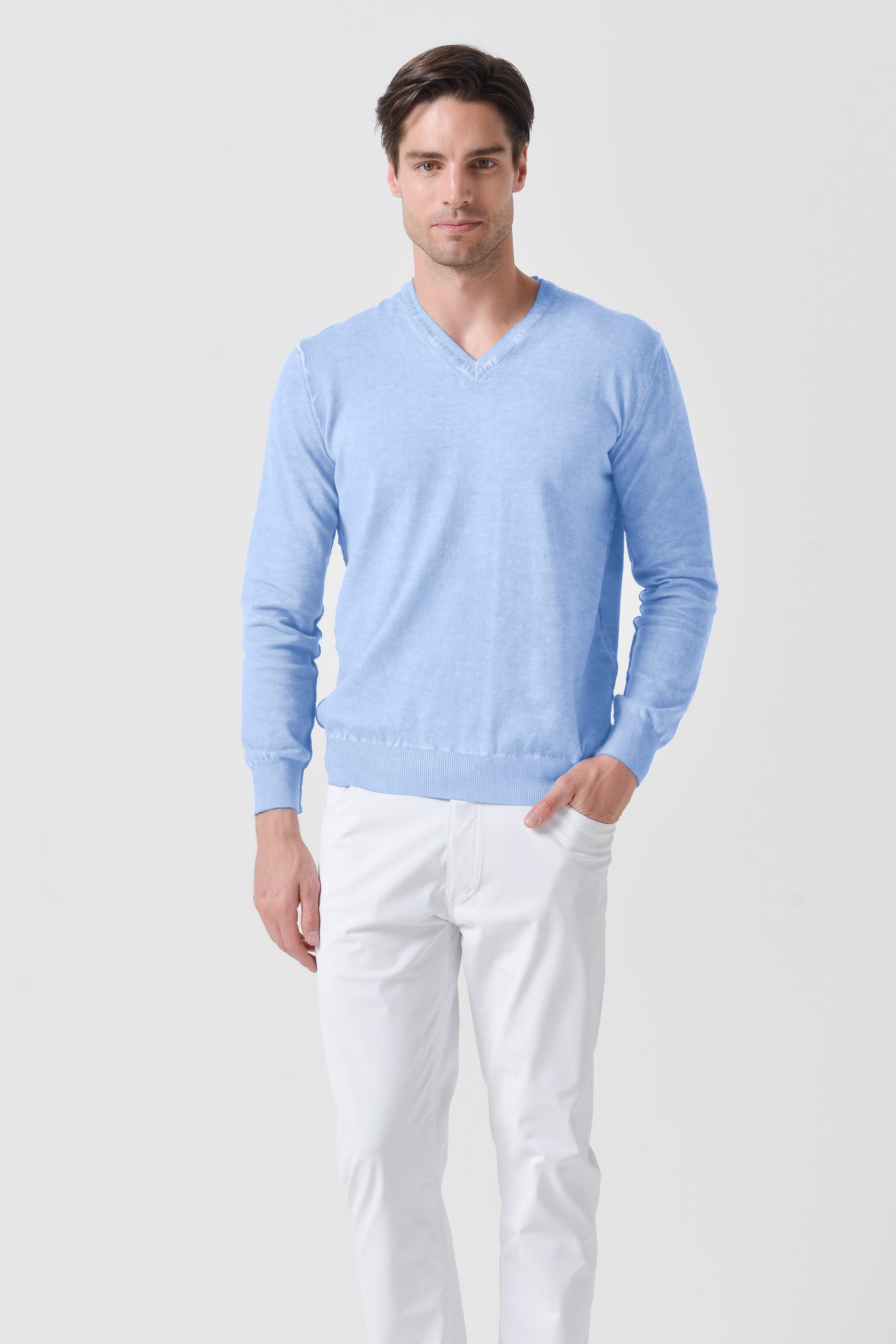 Maglia Scollo-V Cotone - Cielo