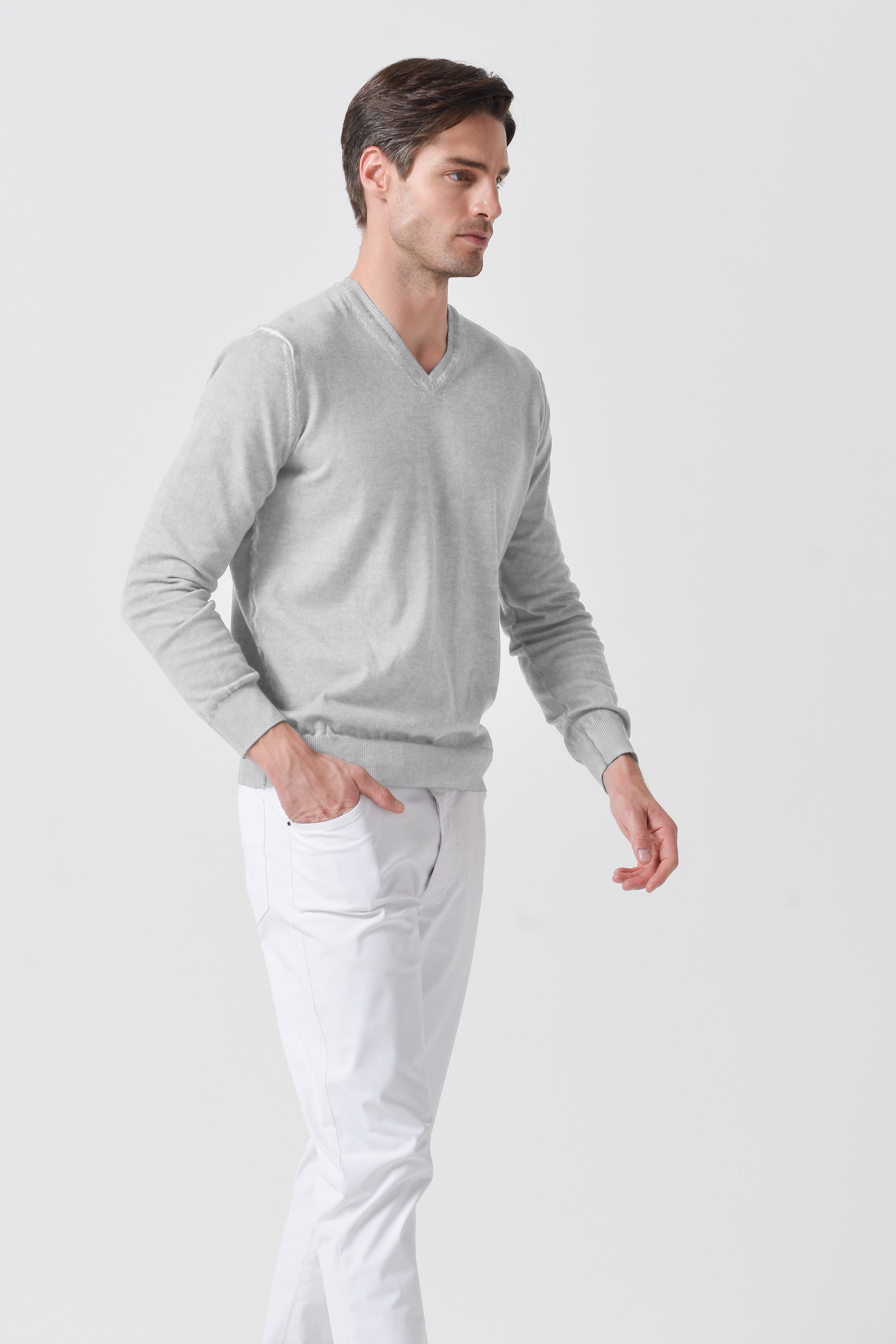 Maglia Scollo-V Cotone - Marmo