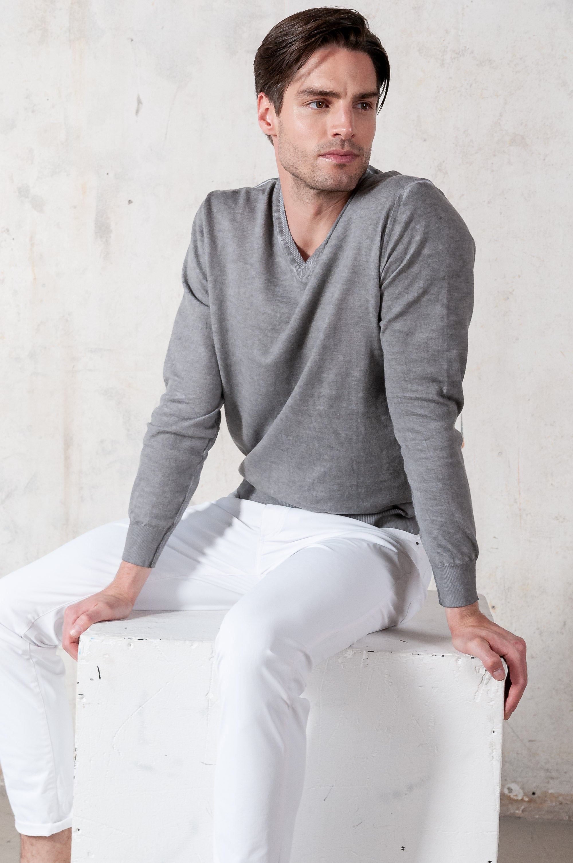 V-Neck Cotton Sweater - Steel