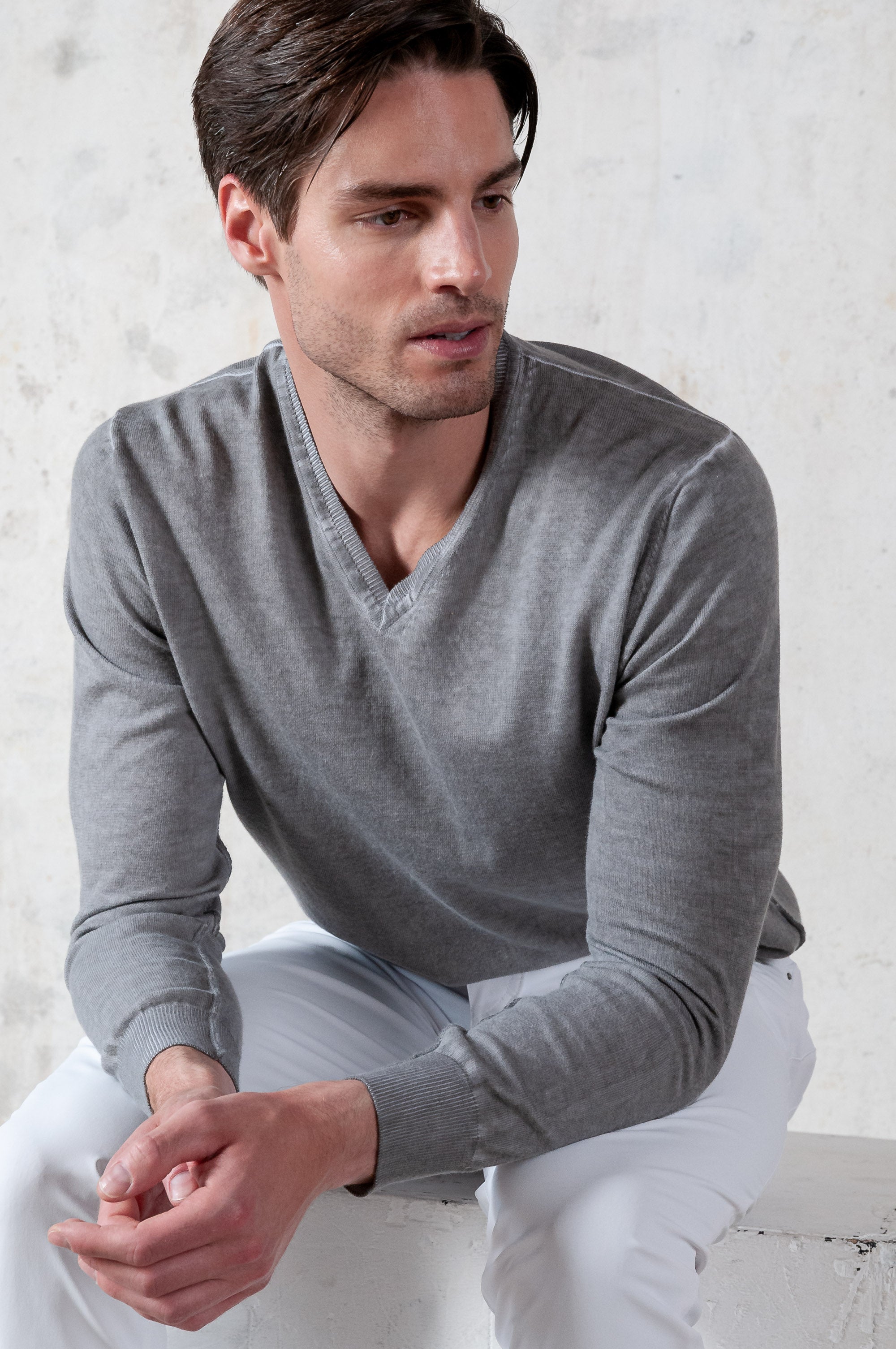 V-Neck Cotton Sweater - Steel
