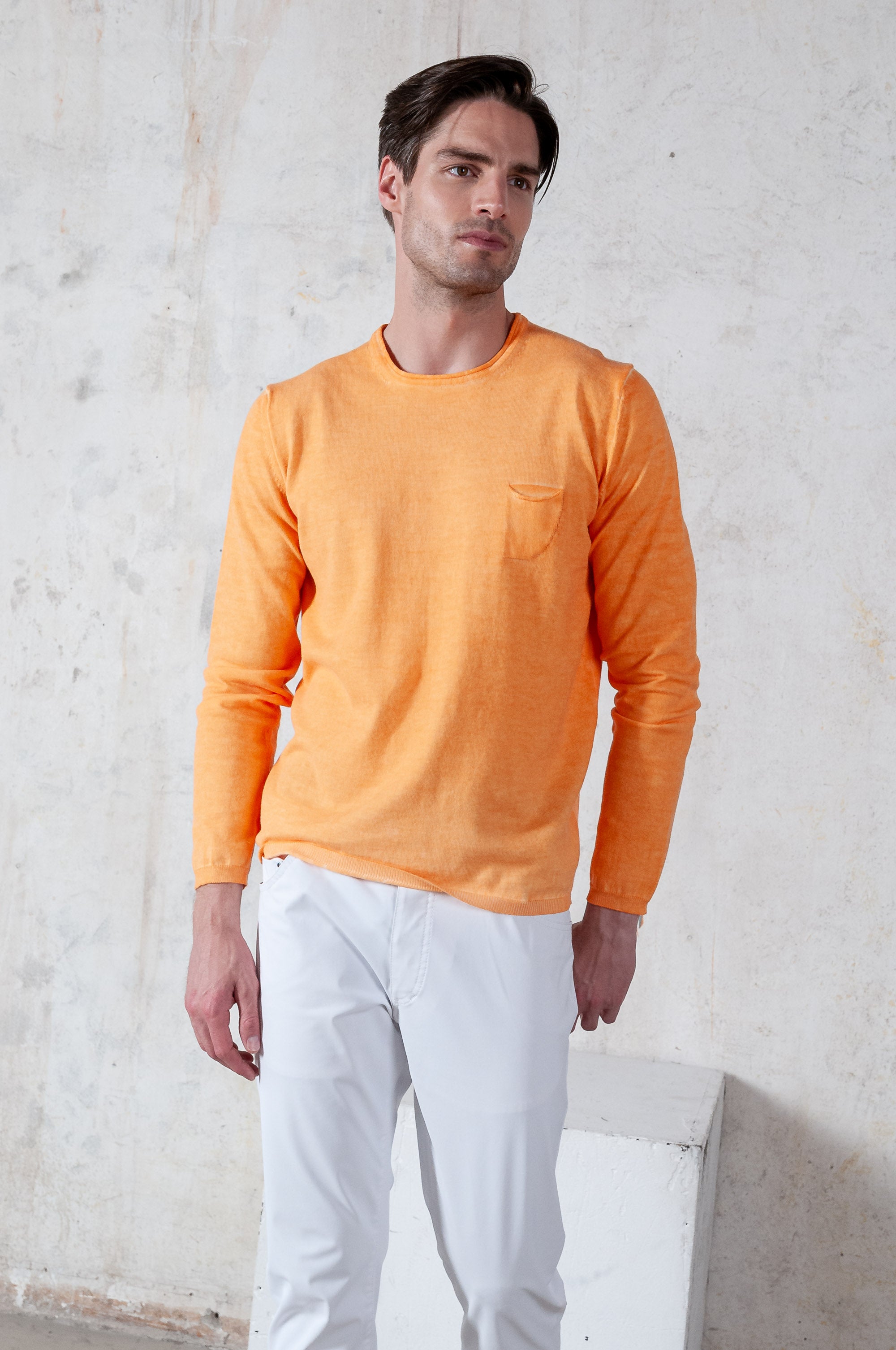 Rolled Hems Cotton Sweater - Apricot