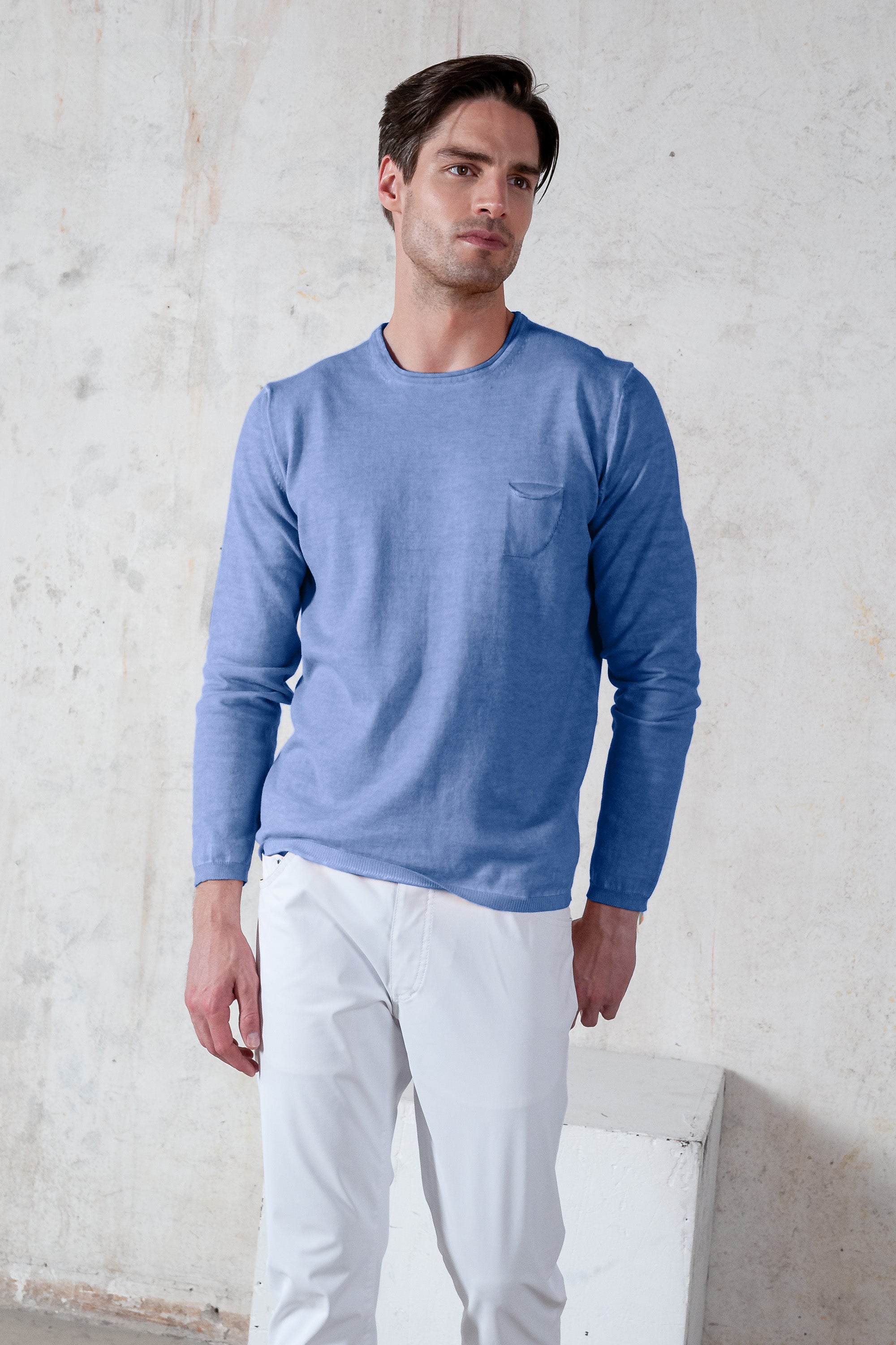 Rolled Hems Cotton Sweater - Bay