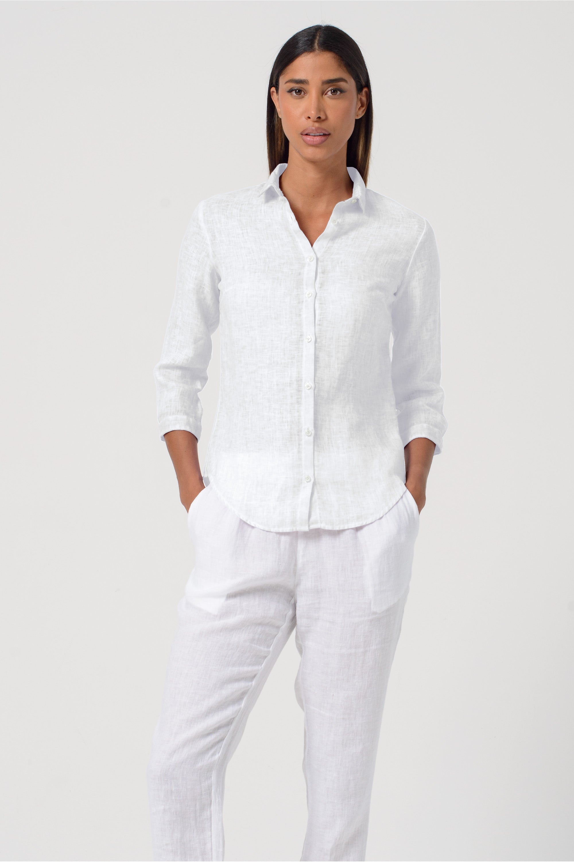 Camicia Slim Lino Manica 3/4 - Bianco