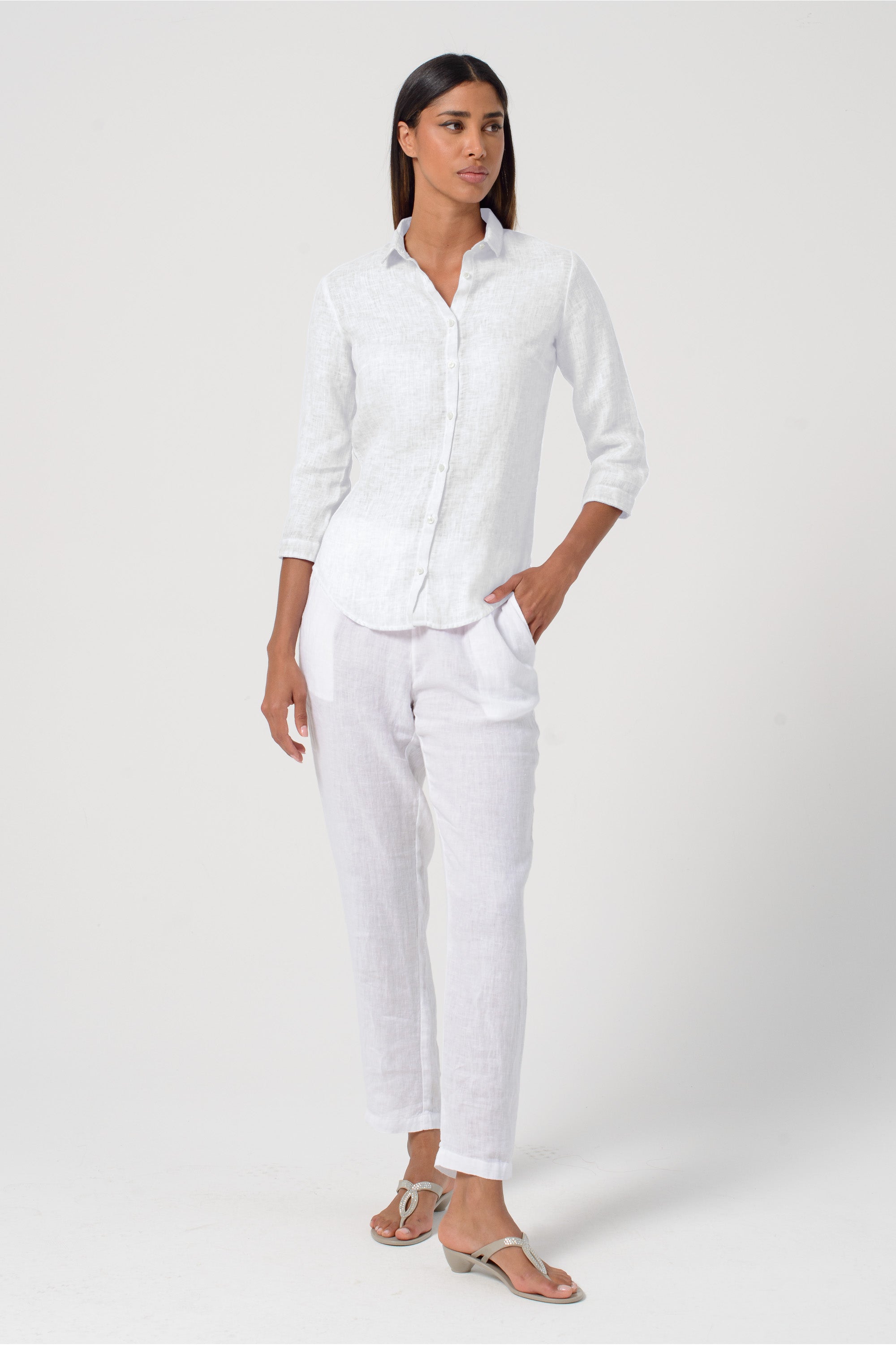 Camicia Slim Lino Manica 3/4 - Bianco