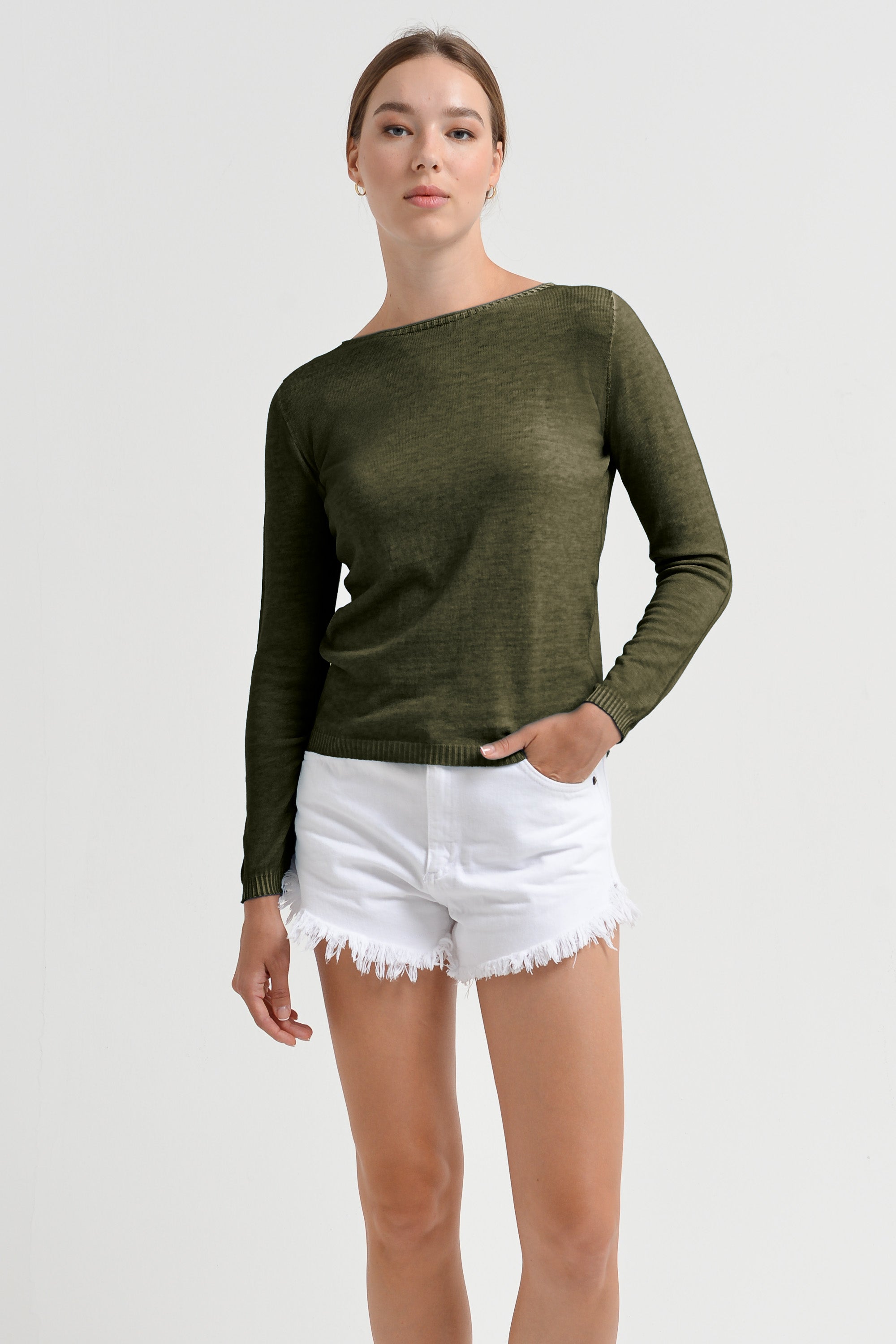 Crew Neck Cotton Jumper - Willow