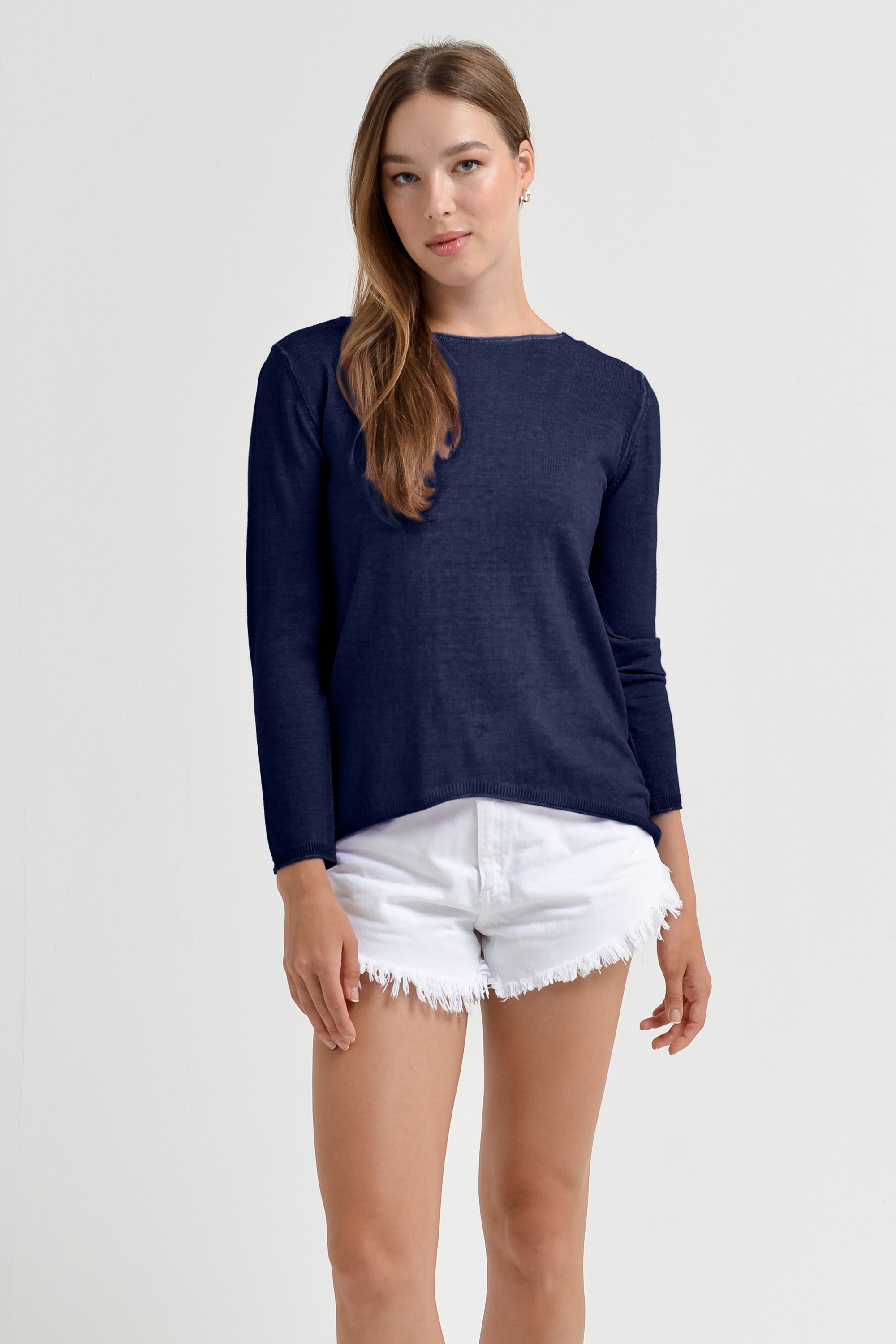 Boat Neck Cotton Sweater - Navy