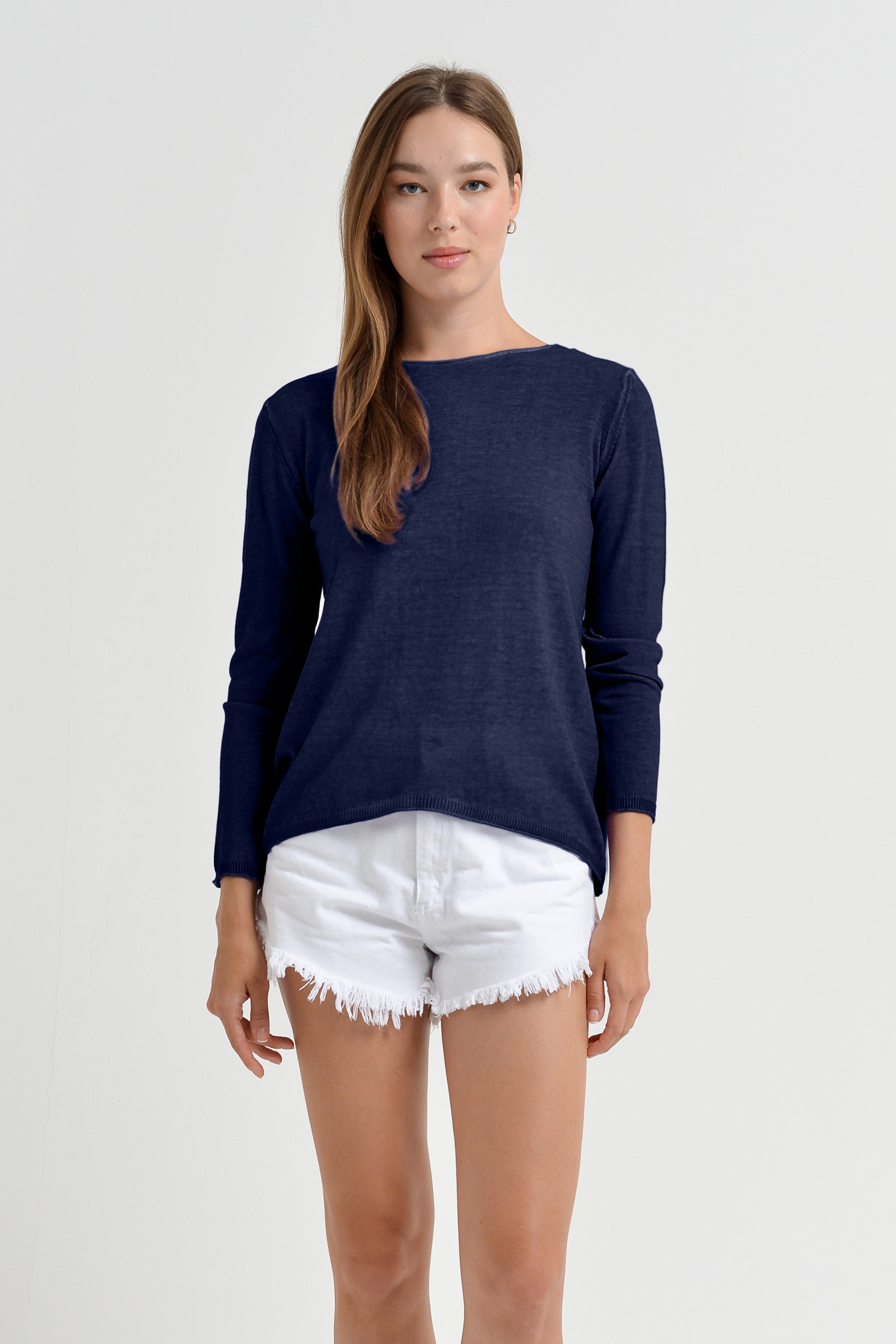 Boat Neck Cotton Sweater - Navy
