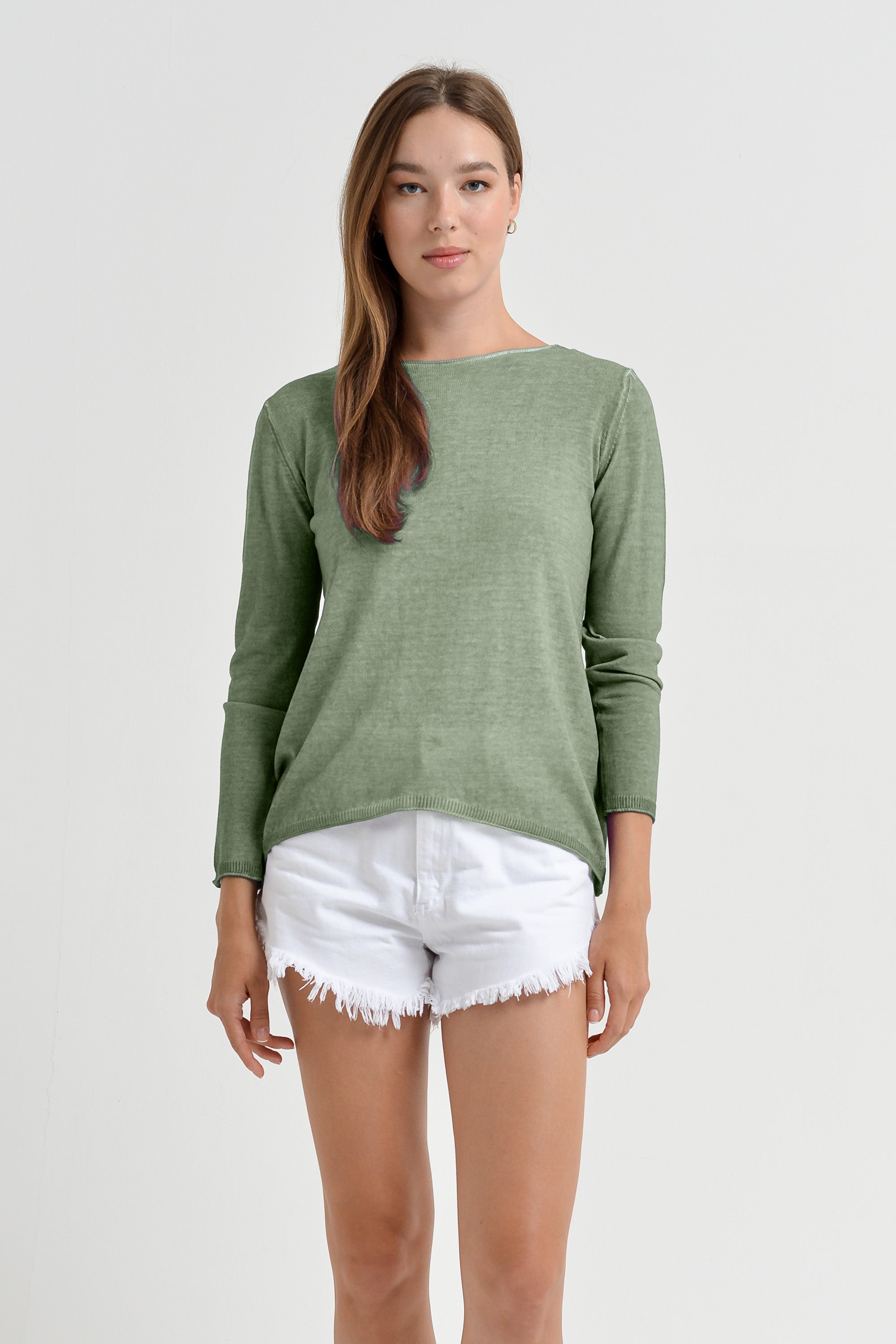 Boat Neck Cotton Sweater - Palm
