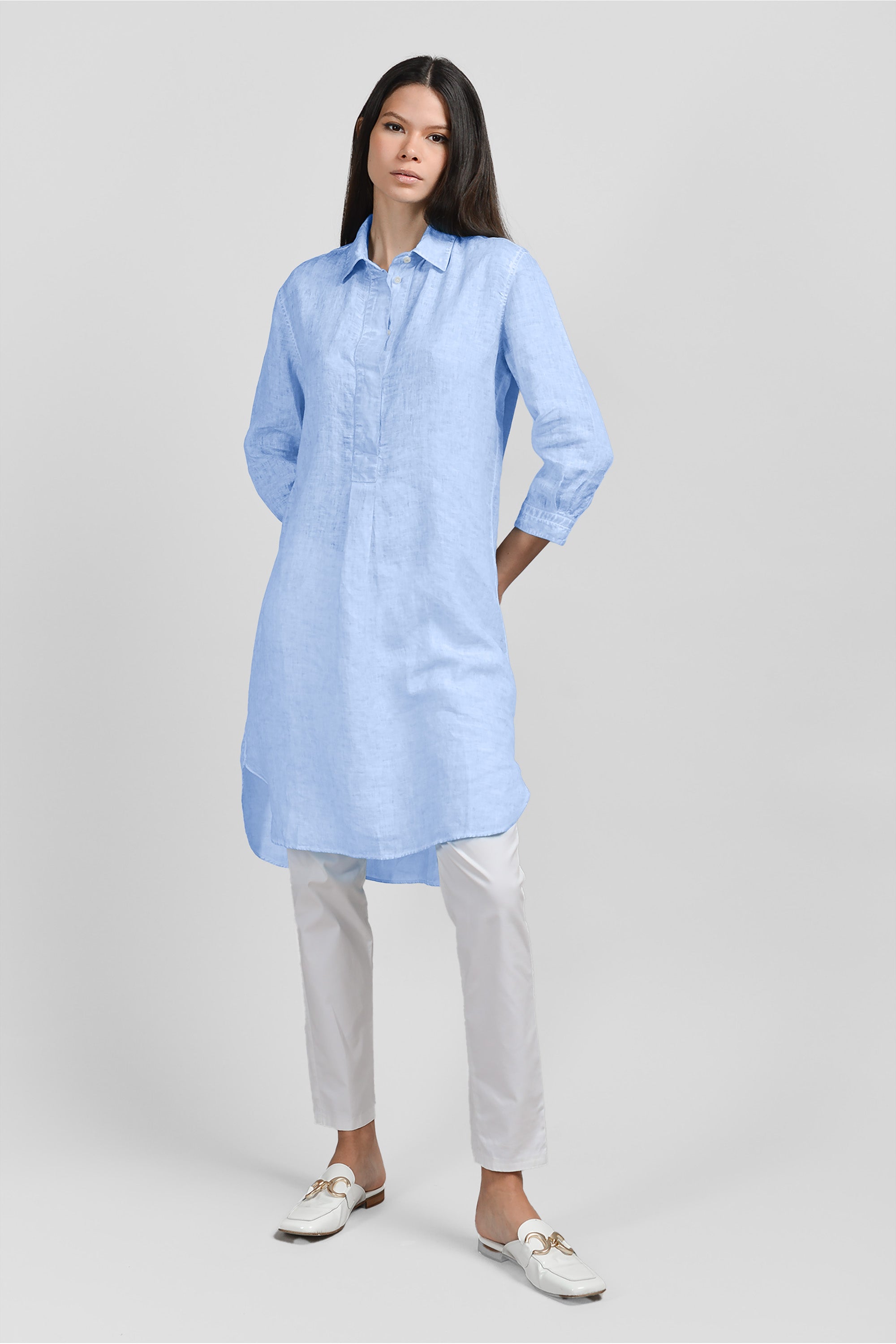 Midi Length Linen Shirtdress Cielo
