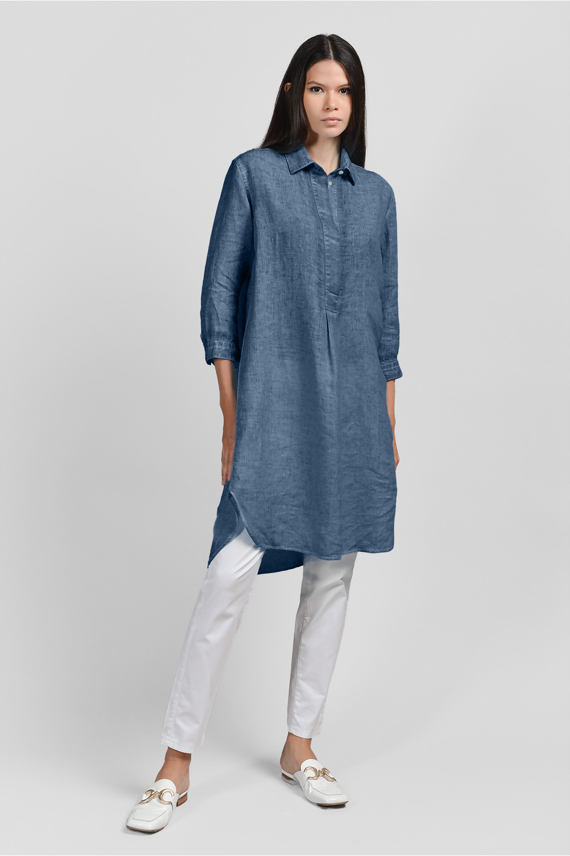 knee length dresses for ladies Gray Belted Linen Midi Shirt Dress – Breathable & Elegant main image 0