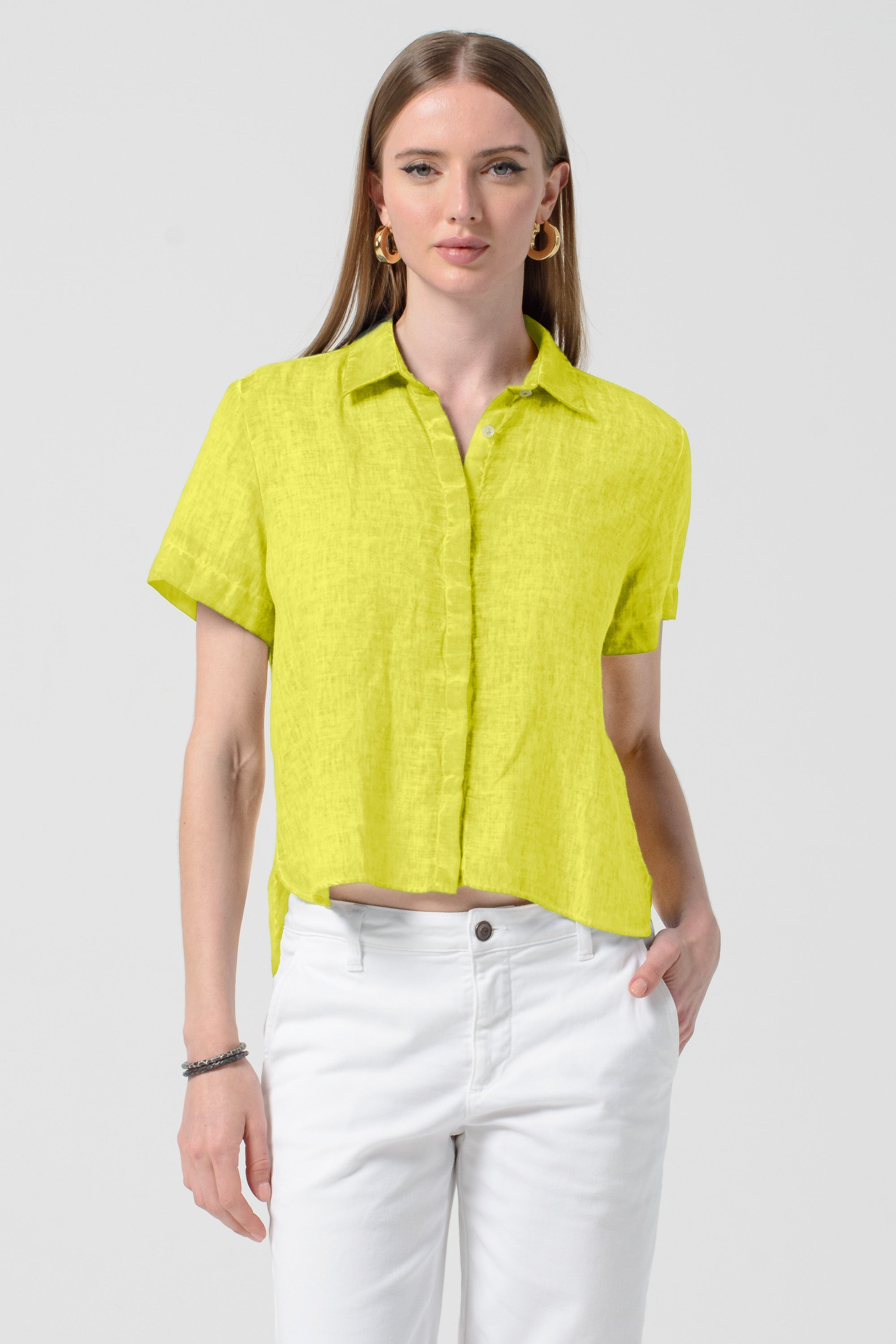 Sunray - Women's Cropped Shirt in Linen - Lime