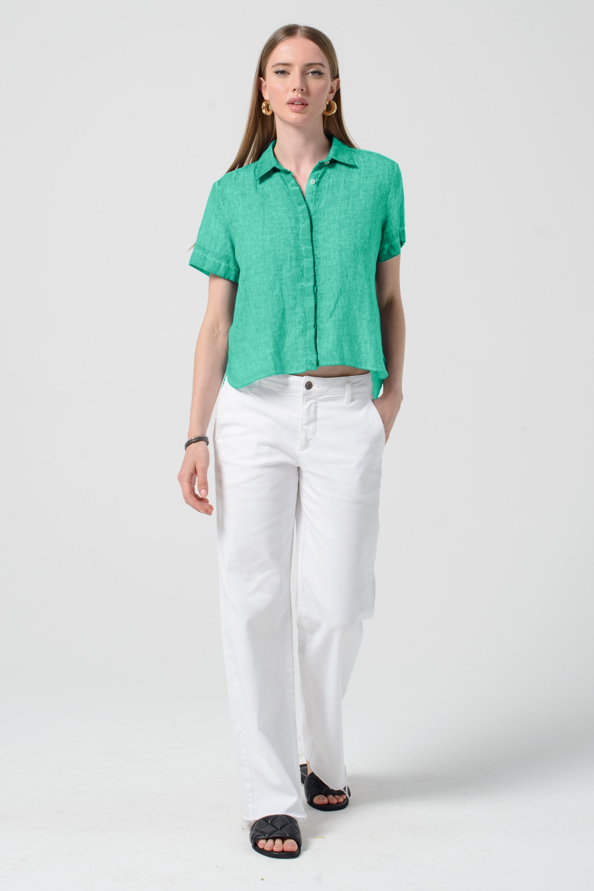 Sunray - Women's Cropped Shirt in Linen - Jungle