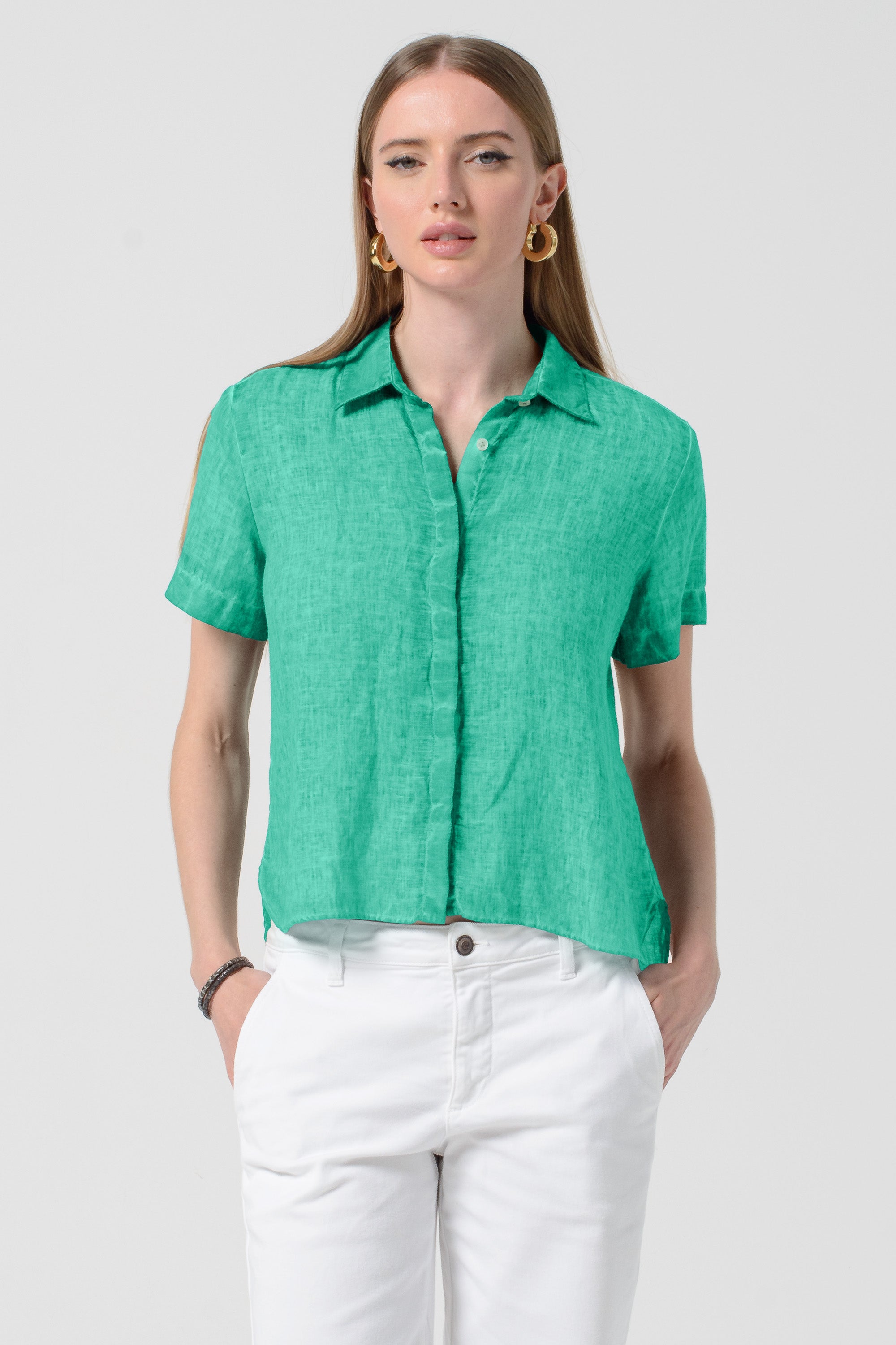 Sunray - Women's Cropped Shirt in Linen - Jungle