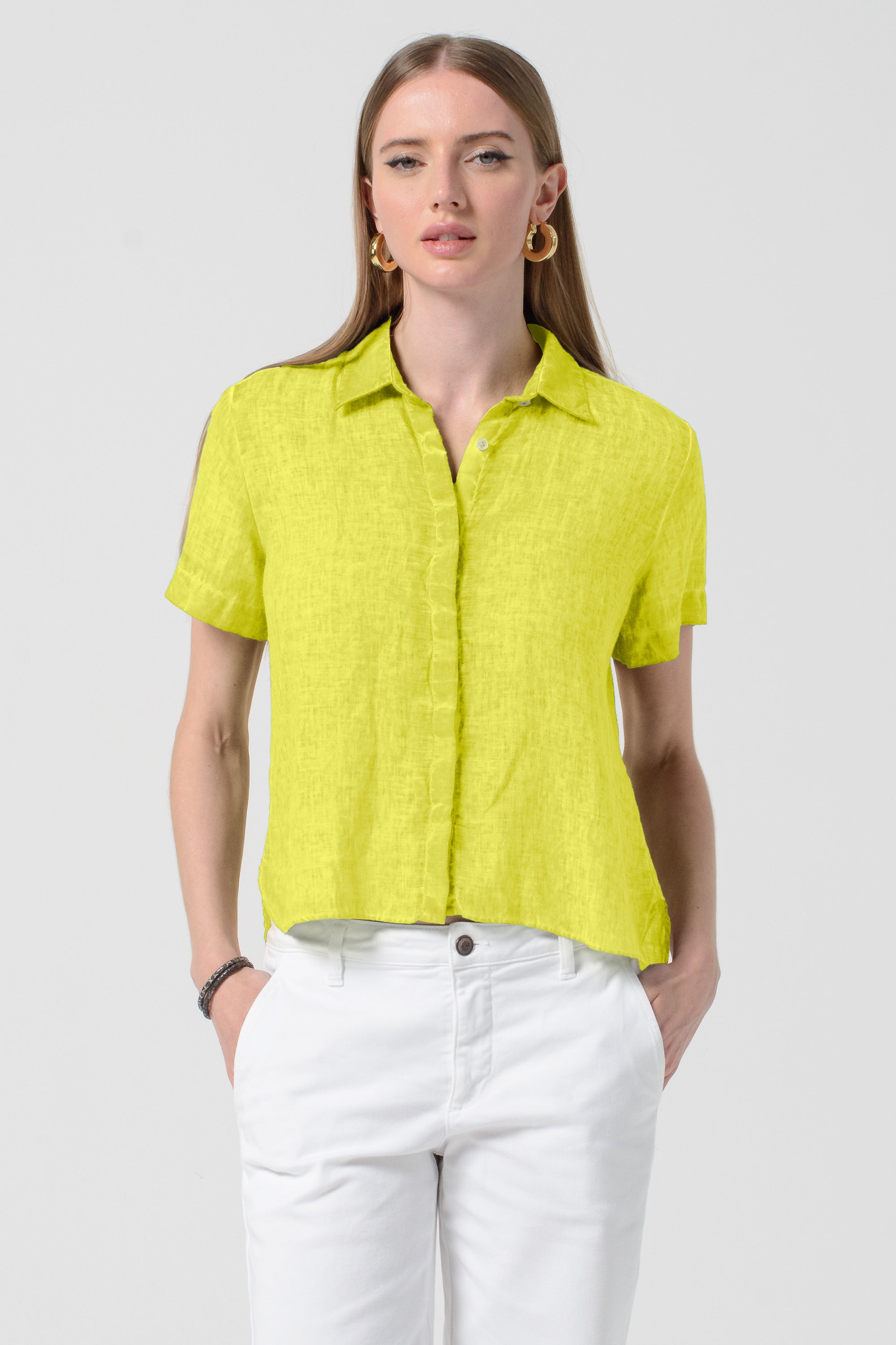 Sunray - Women's Cropped Shirt in Linen - Lime
