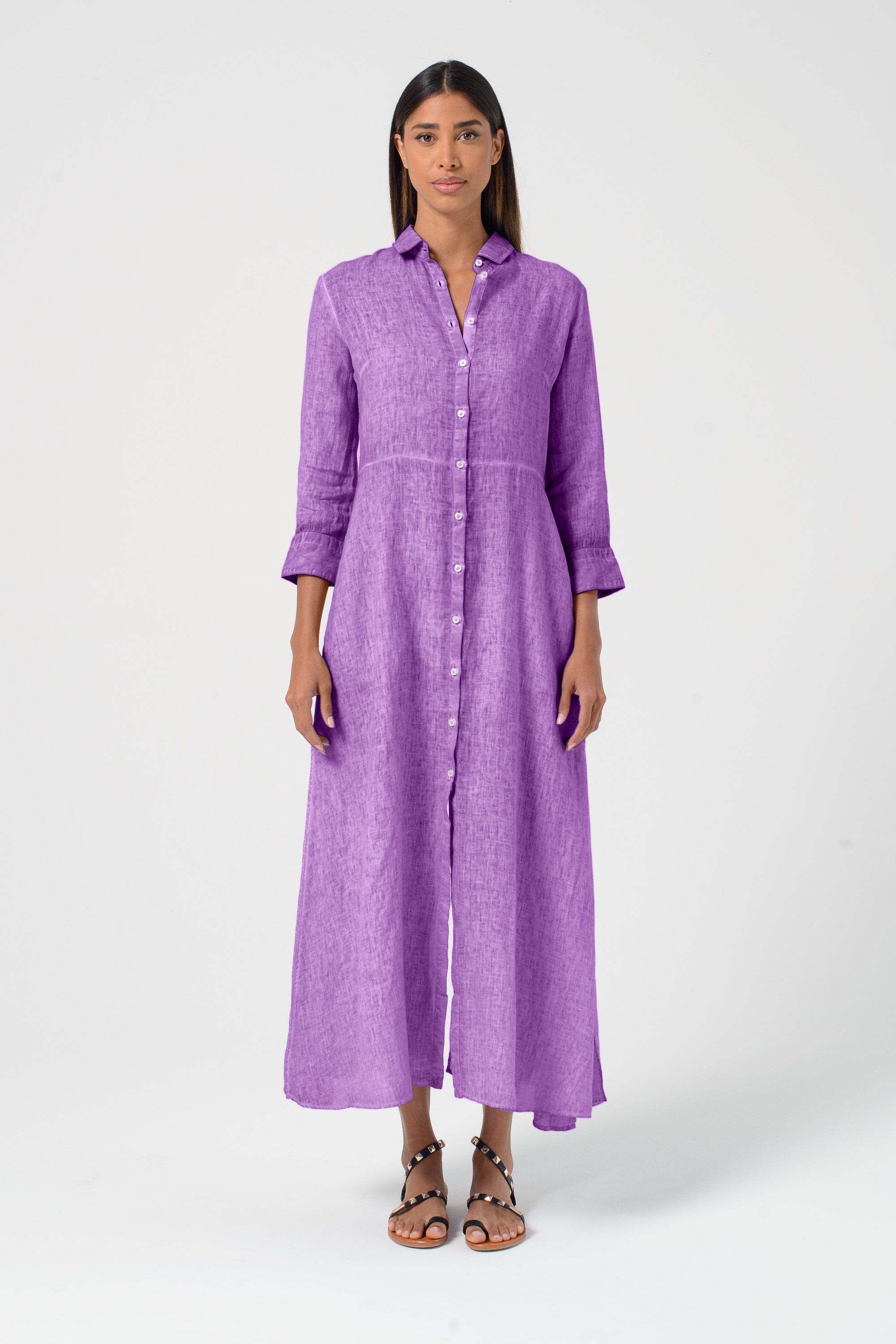 fitted lace wedding dress Twist Front Linen Blend Dress-Han Purple, Flowered Bloom