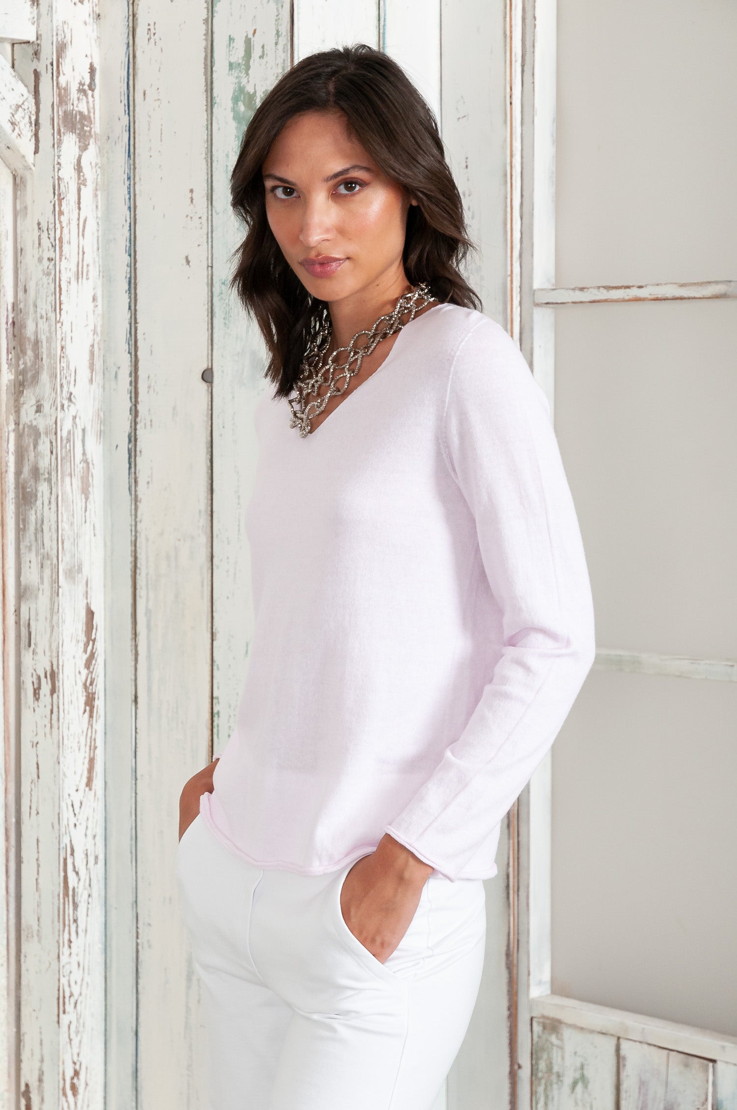 Serena V-Neck - Women's Cotton Knit Sweater - Rose