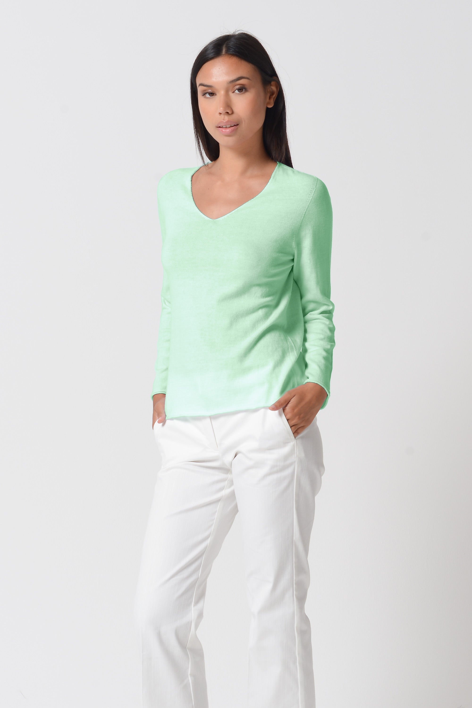 Serena V-Neck Cotton Knit Sweater - Mint