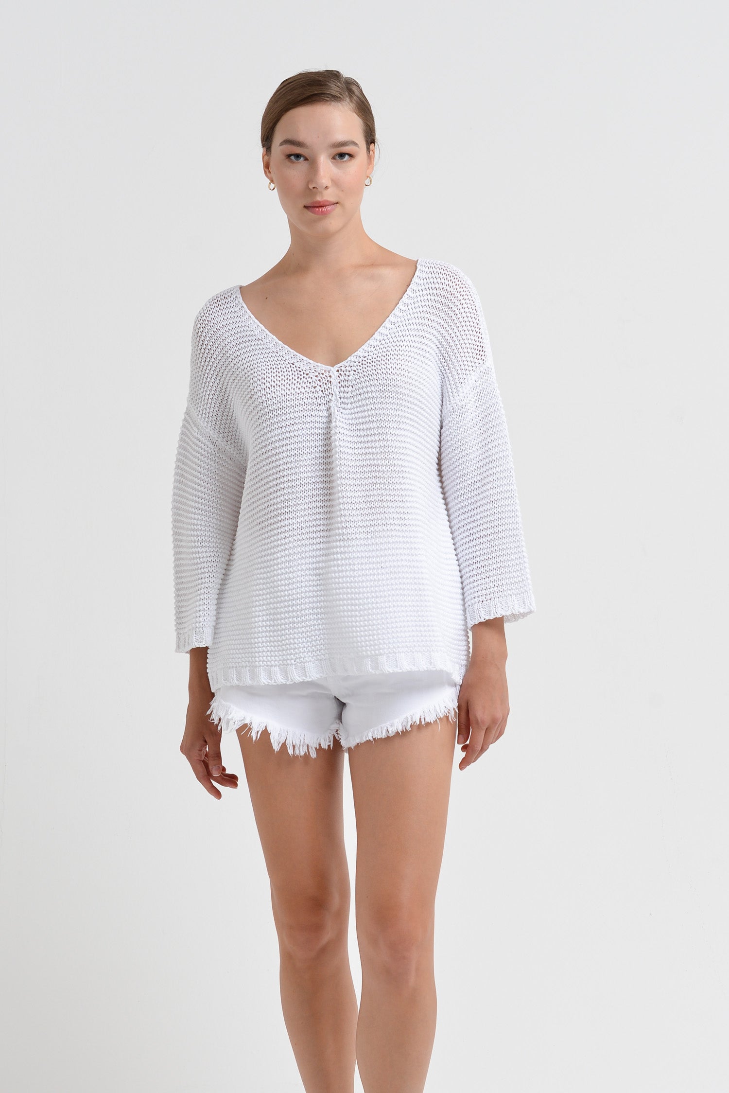 Kara V-Neck - Women's Wide V-Neck Knit Sweater - White