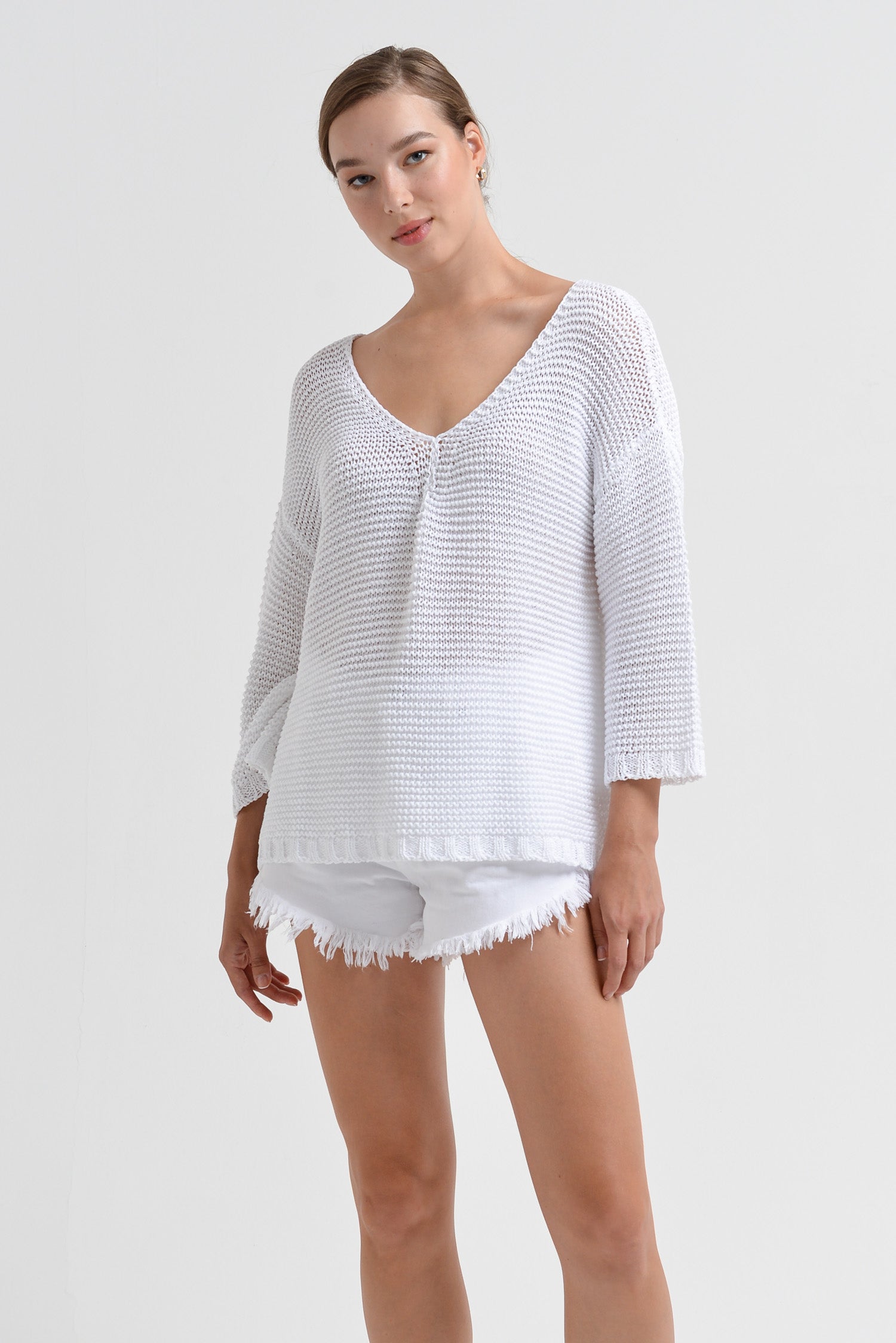 Kara V-Neck - Women's Wide V-Neck Knit Sweater - White