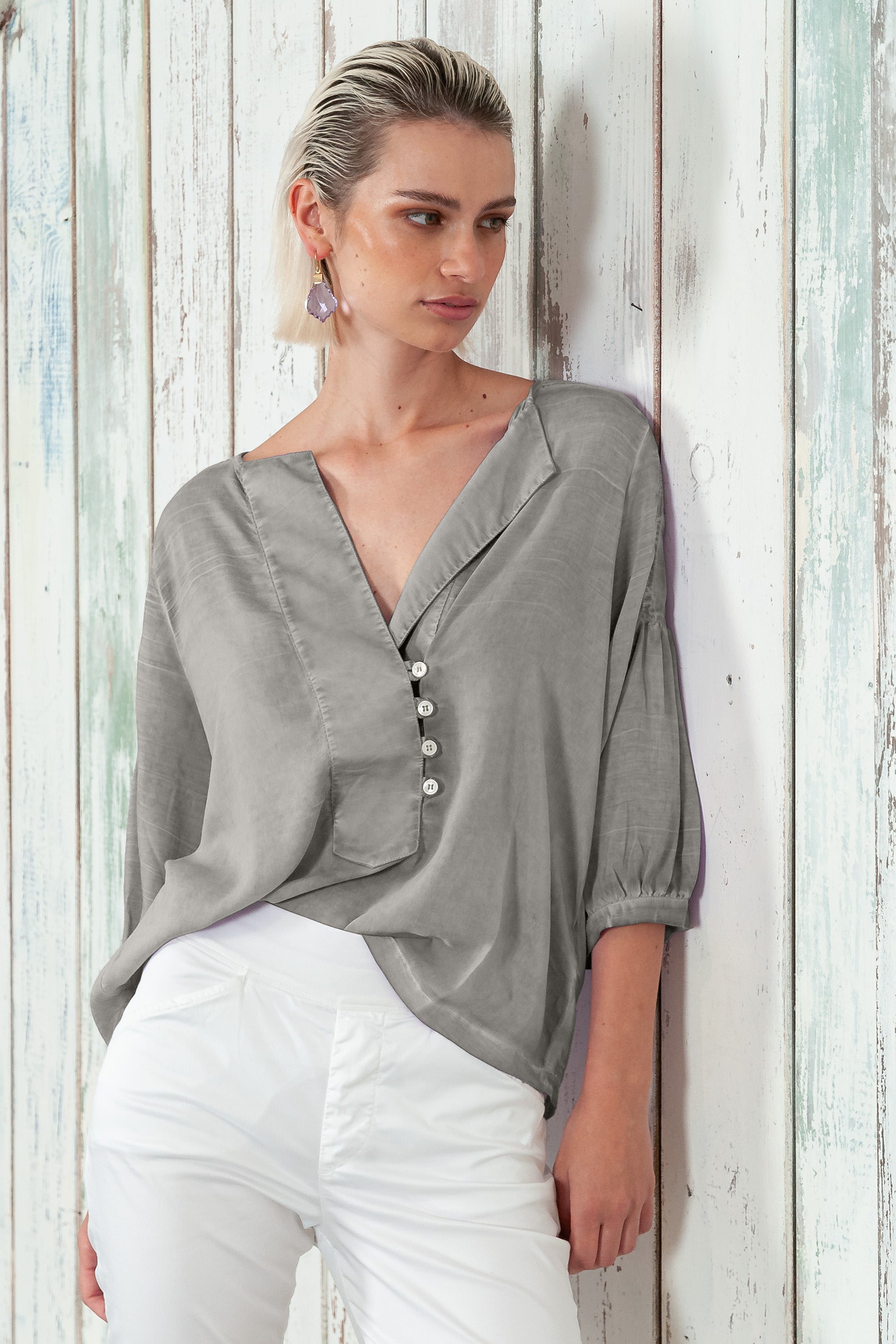 Savina Blouse - Women's Short Sleeve Blouse - Dolphin