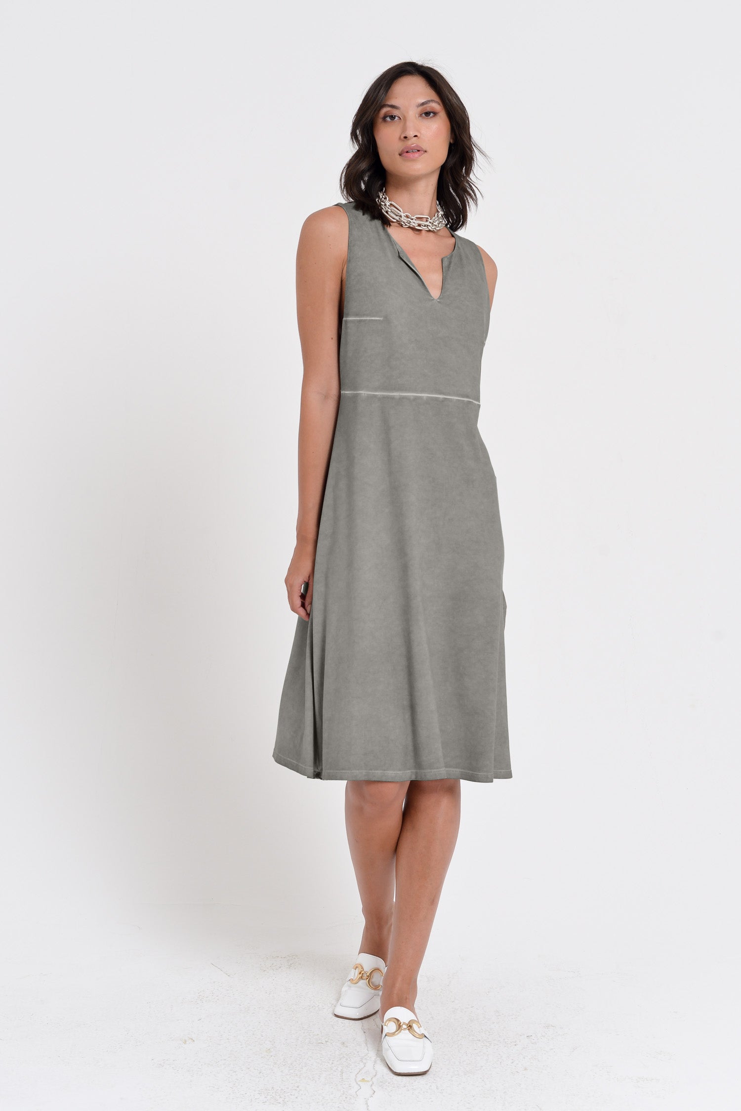 Lucy Dress - Women's Below The Knee Sleeveless Jersey Dress - Dolphin