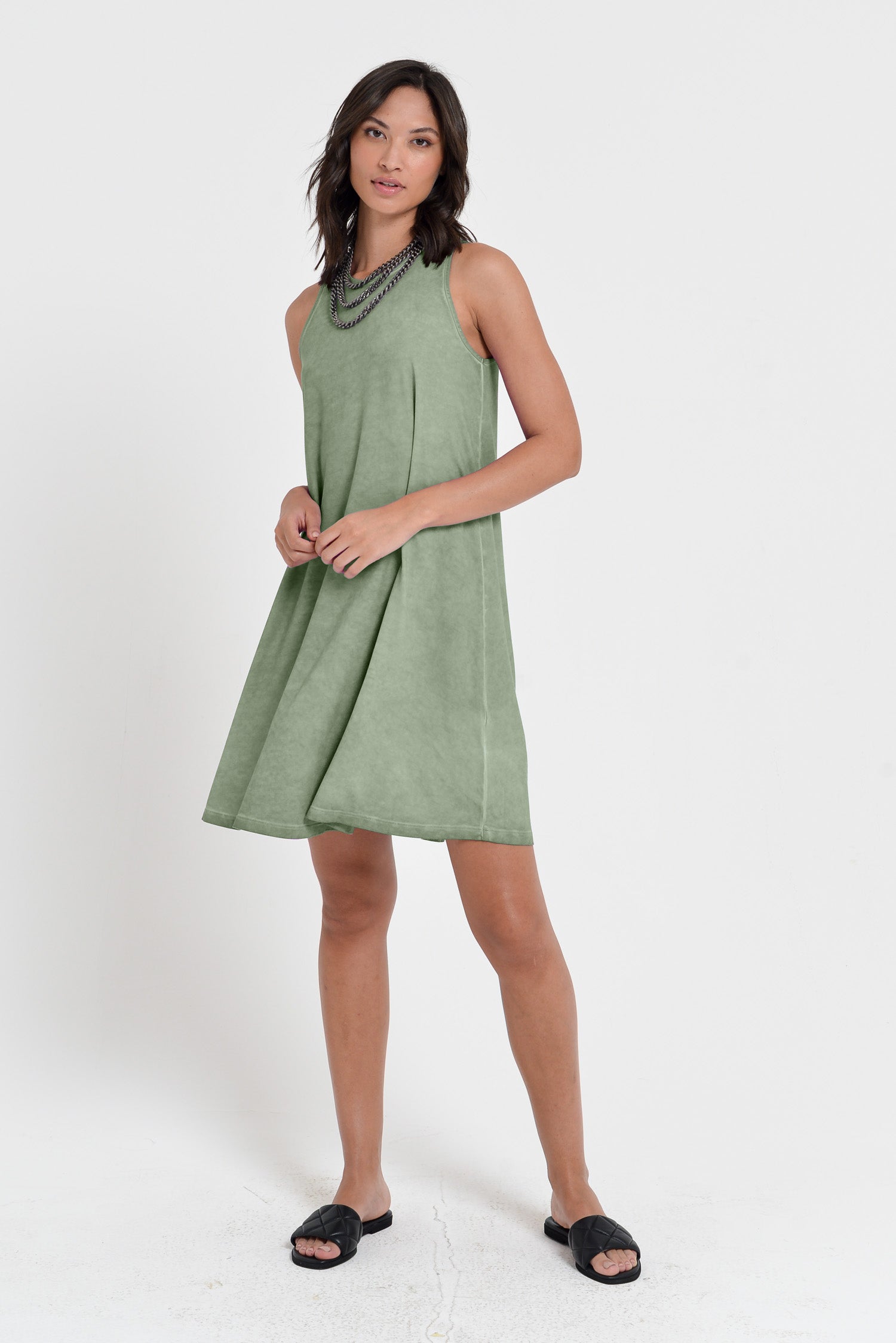 Julie Dress - Above The Knee Sleeveless Jersey Dress - Palm