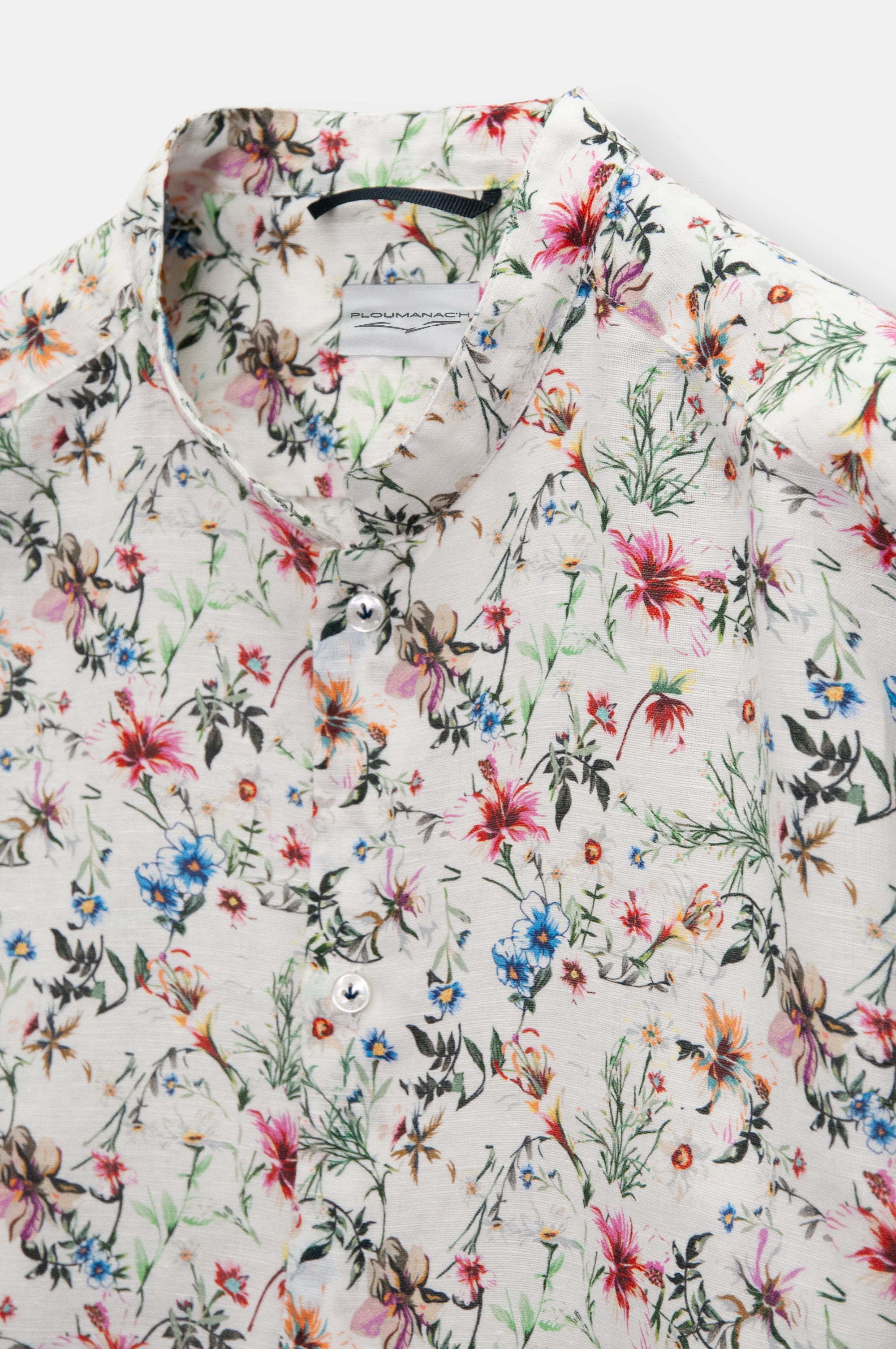 Collarless Flower Shirt - White