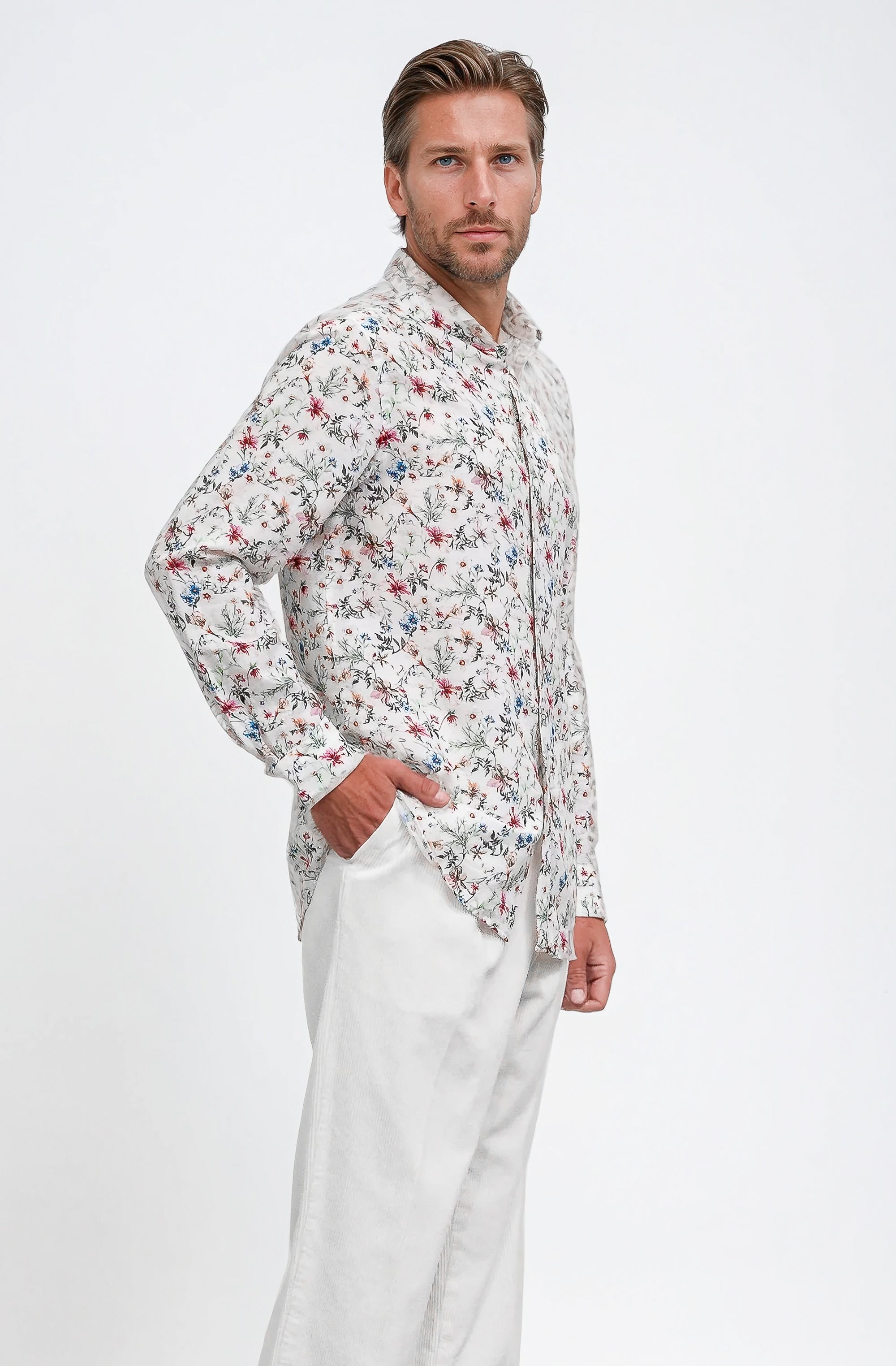 Collarless Flower Shirt - White